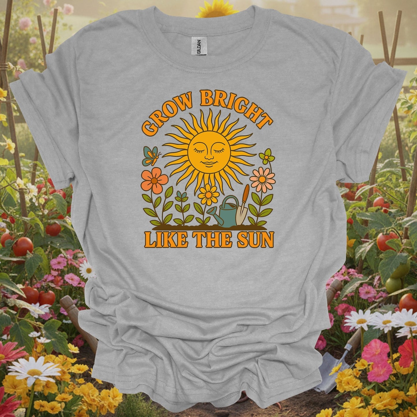 Sport Gray T-shirt with a detailed botanical illustration of seedlings and tools perfect for every happy plant parent.