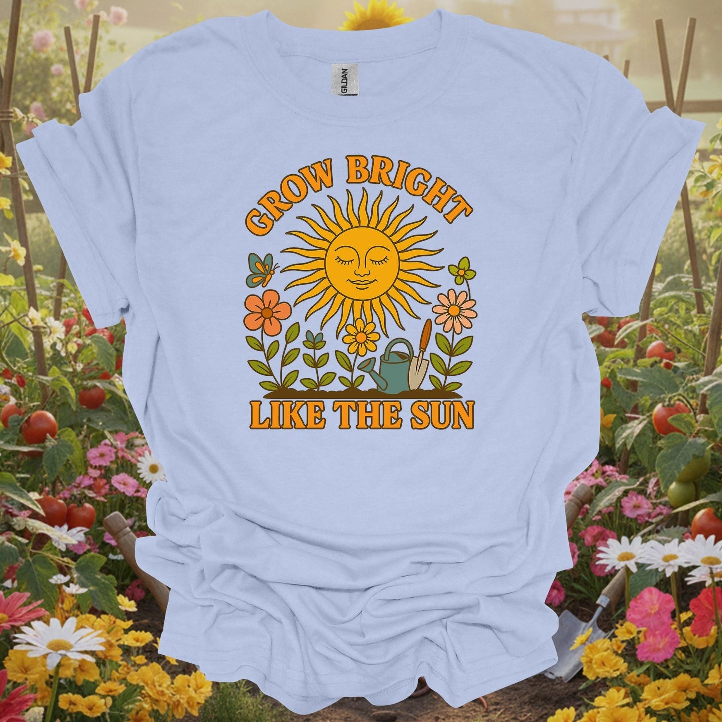 Light Blue shirt with a colorful sprout plant theme making a perfect sunshine gardening gift T-shirt for any dedicated grower.