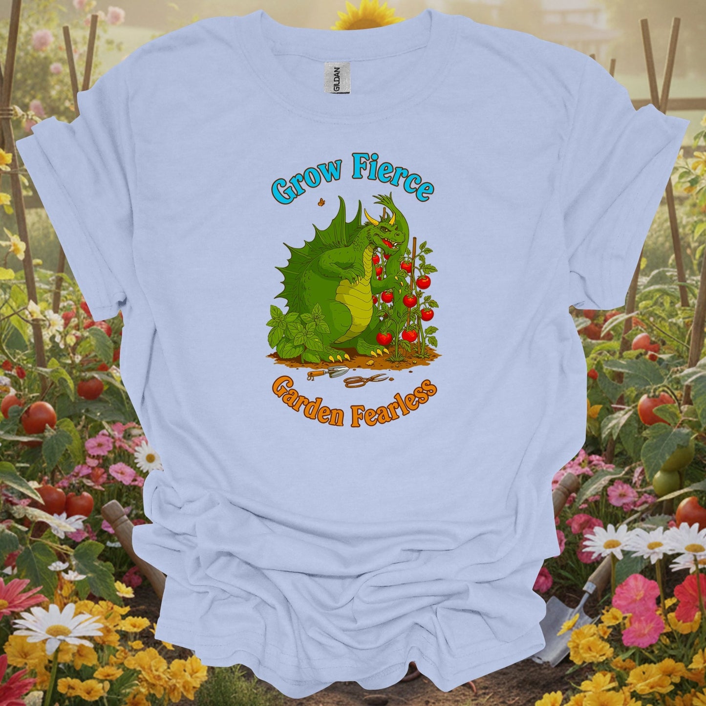 Light Blue shirt showing grow fierce garden fearless dragon for home gardeners