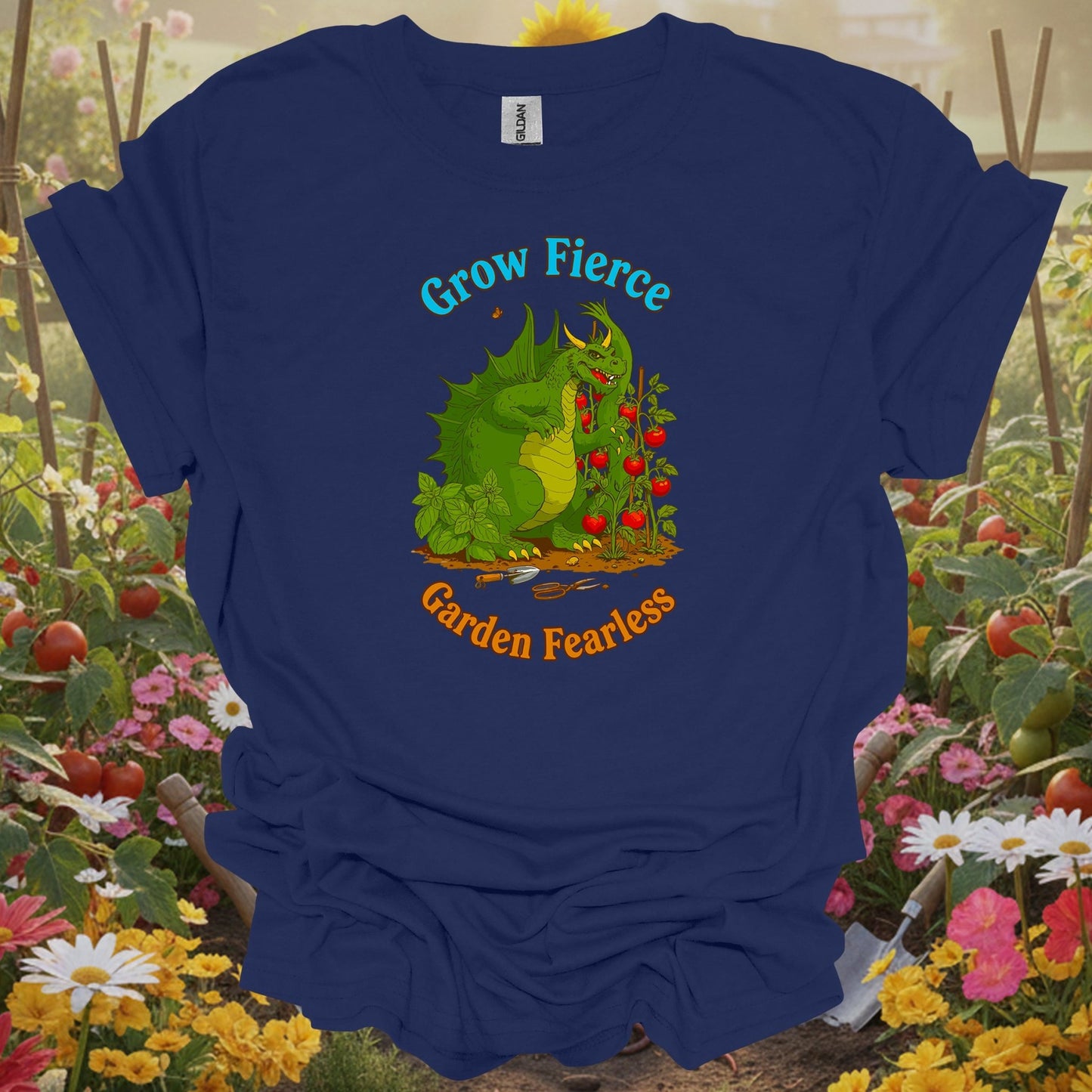 Navy tshirt showing grow fierce garden fearless dragon for gardening enthusiasts