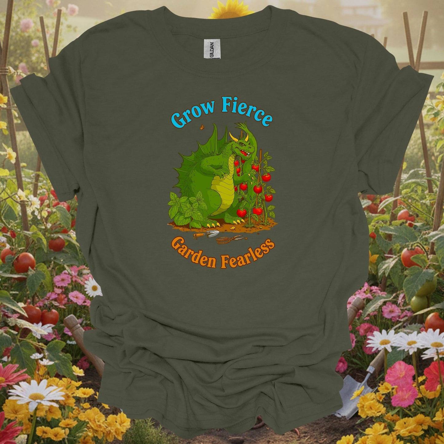 Military Green top showing grow fierce garden fearless dragon for nature lovers