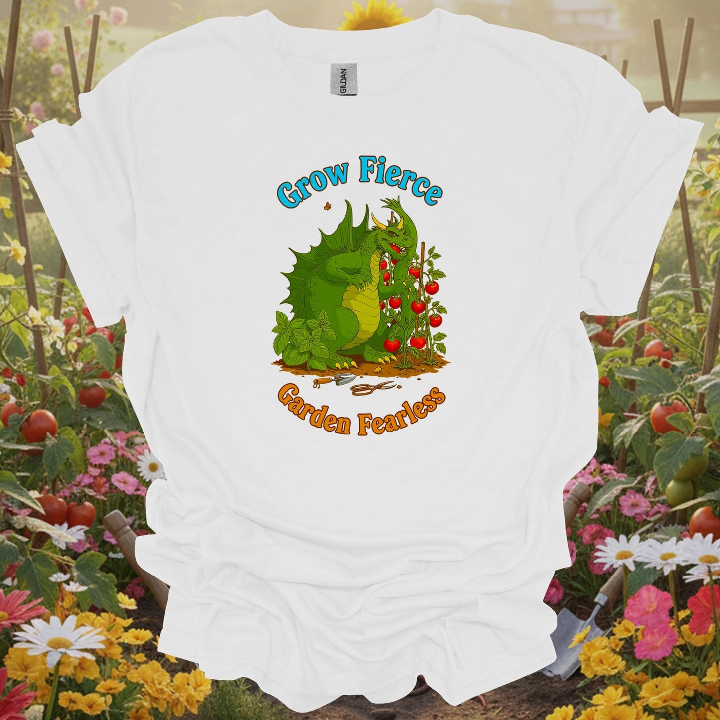 White tee showing grow fierce garden fearless dragon for garden hobbyists