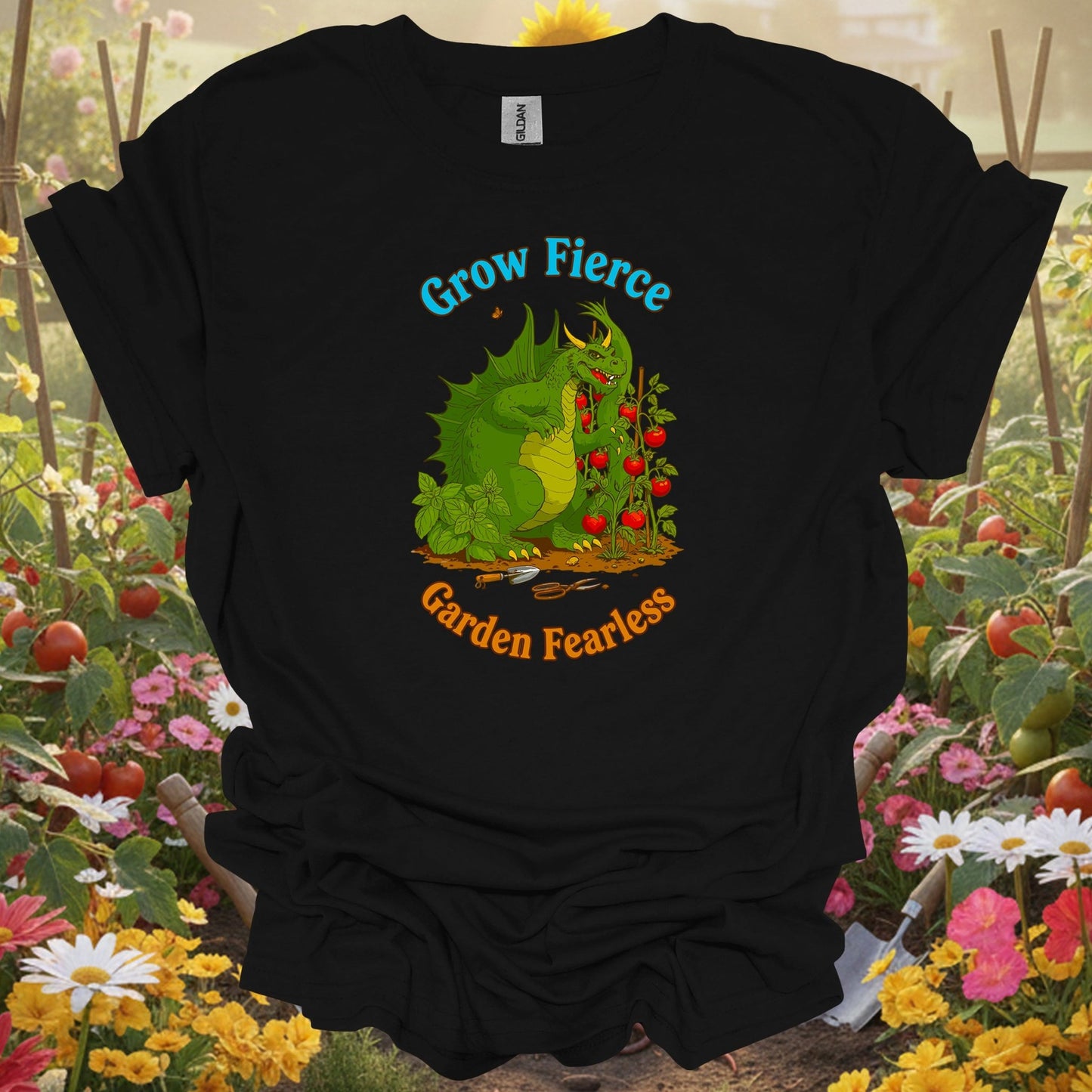 Black shirt showing grow fierce garden fearless dragon for outdoor enthusiasts