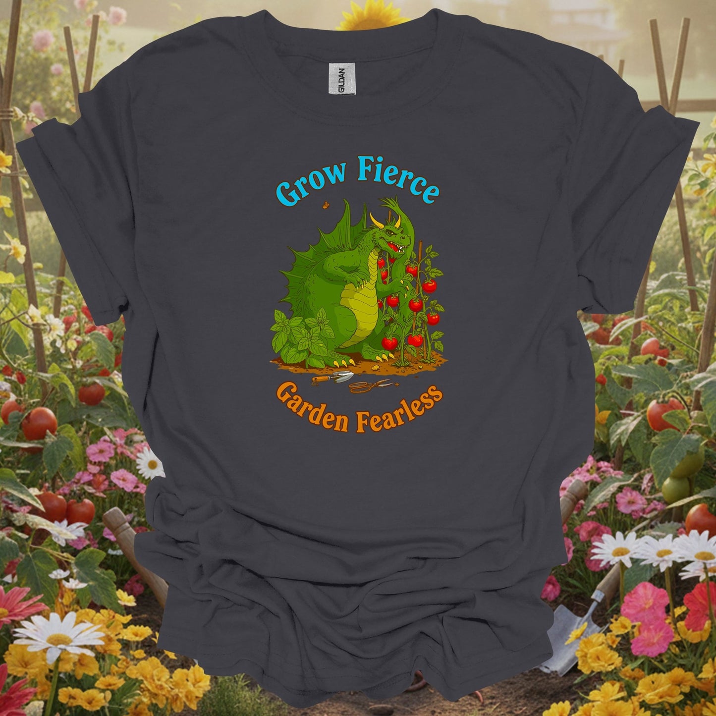Charcoal tee showing grow fierce garden fearless dragon for plant lovers