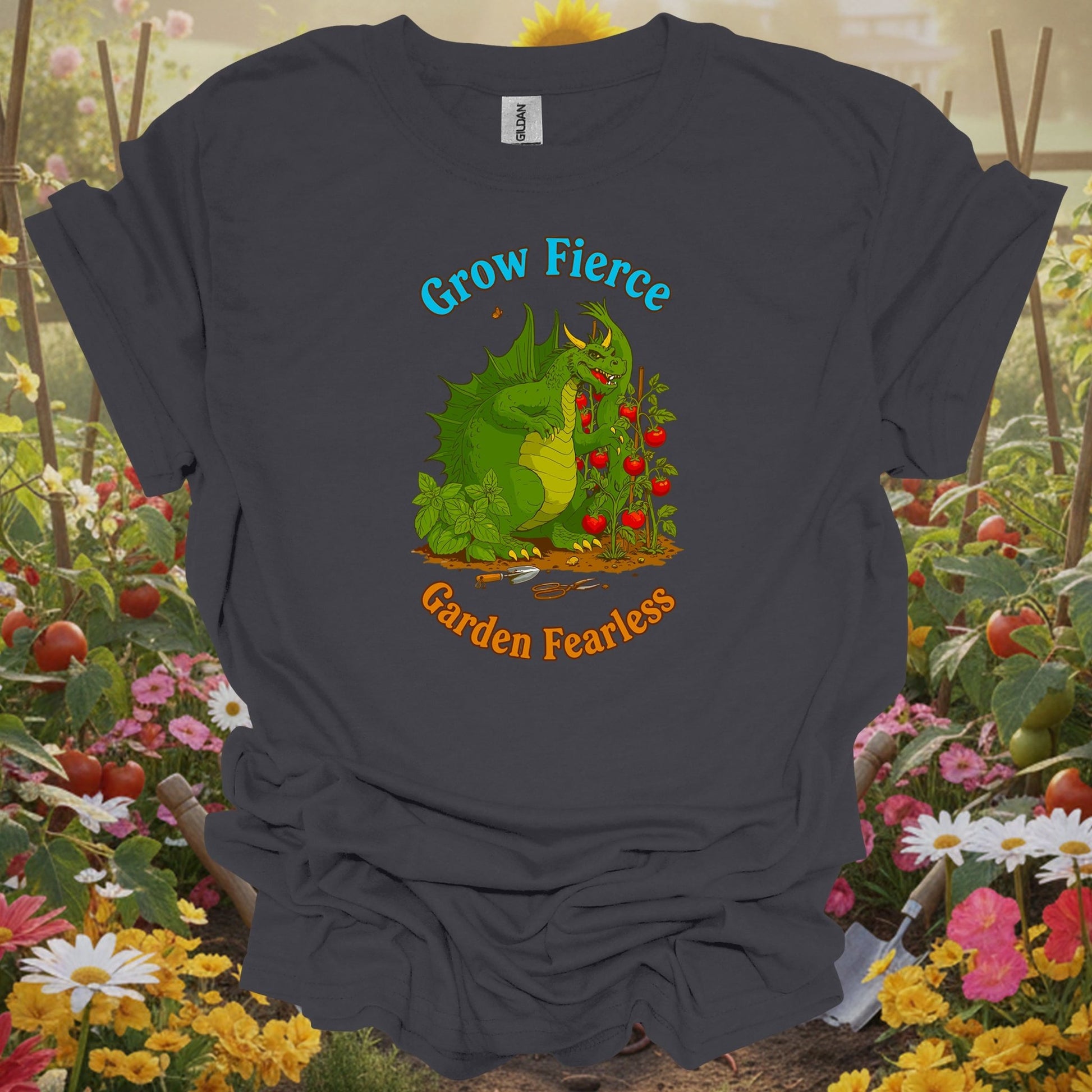 Charcoal tee showing grow fierce garden fearless dragon for plant lovers