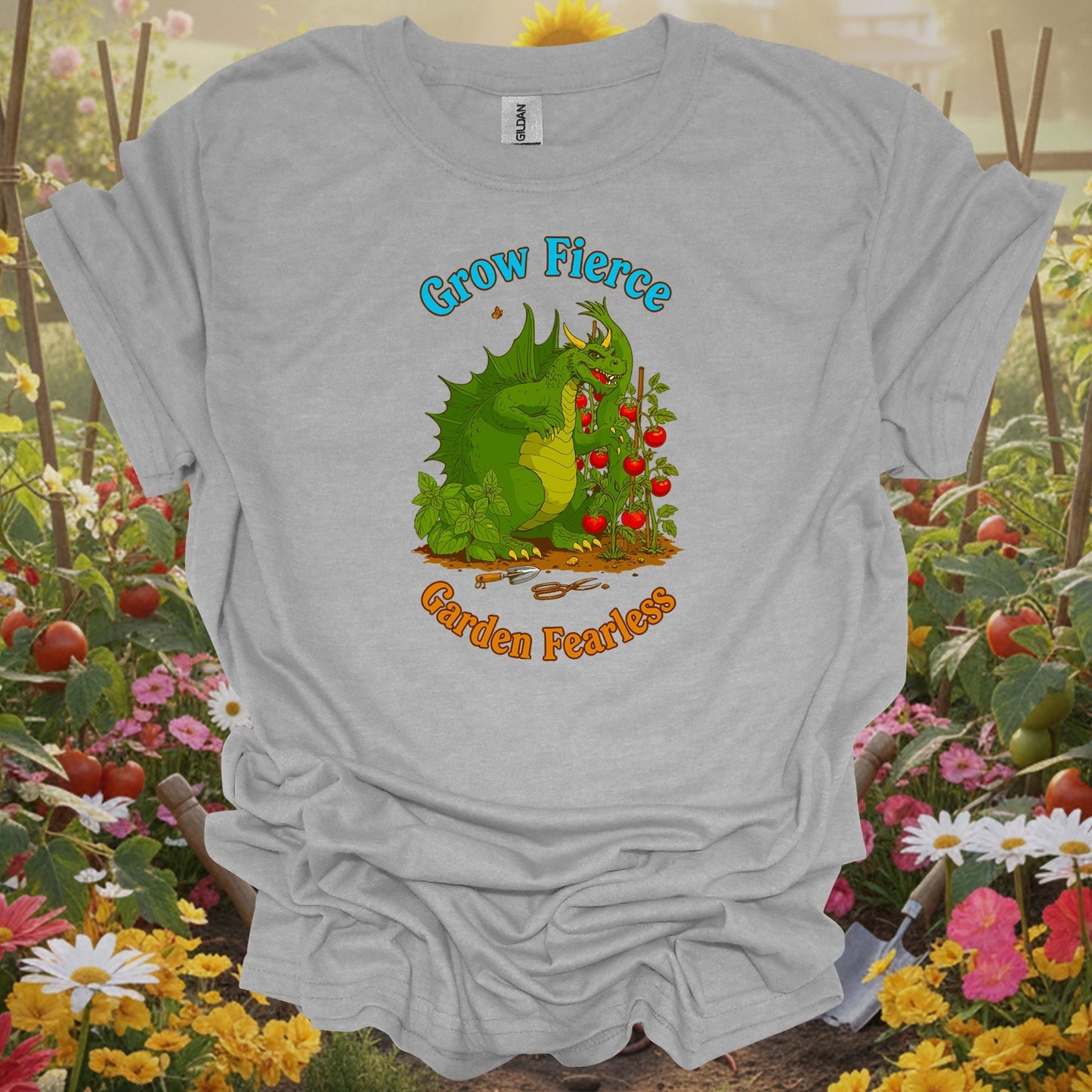 Sport Grey tshirt showing grow fierce garden fearless dragon for backyard growers