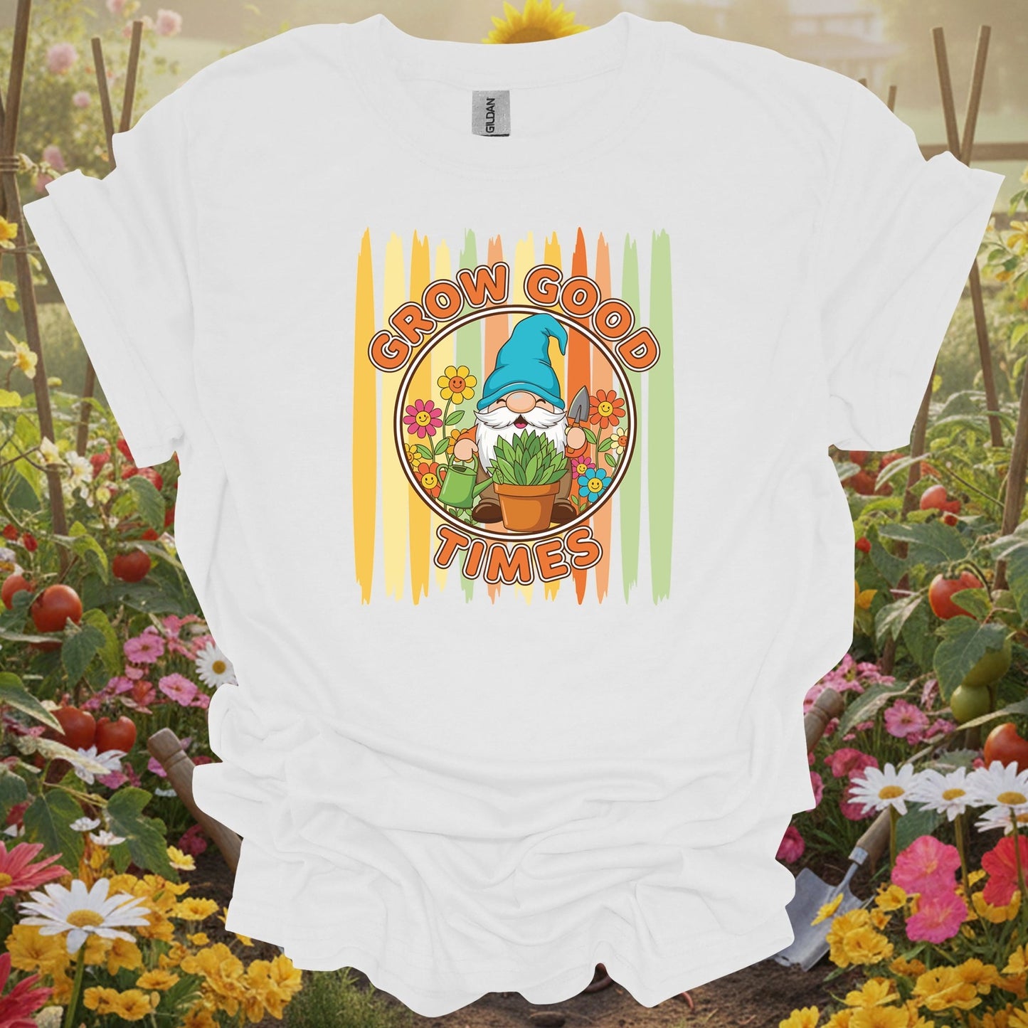 White tee showing grow good times cute gnome gardener for garden hobbyists