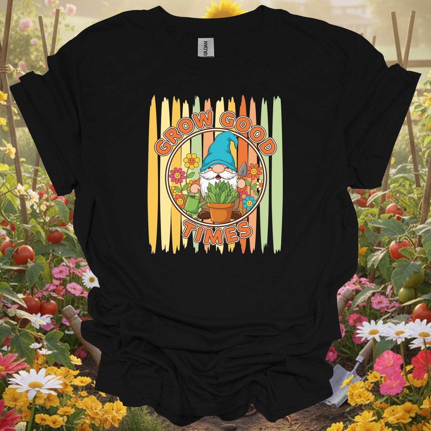 Black shirt showing grow good times cute gnome gardener for outdoor enthusiasts