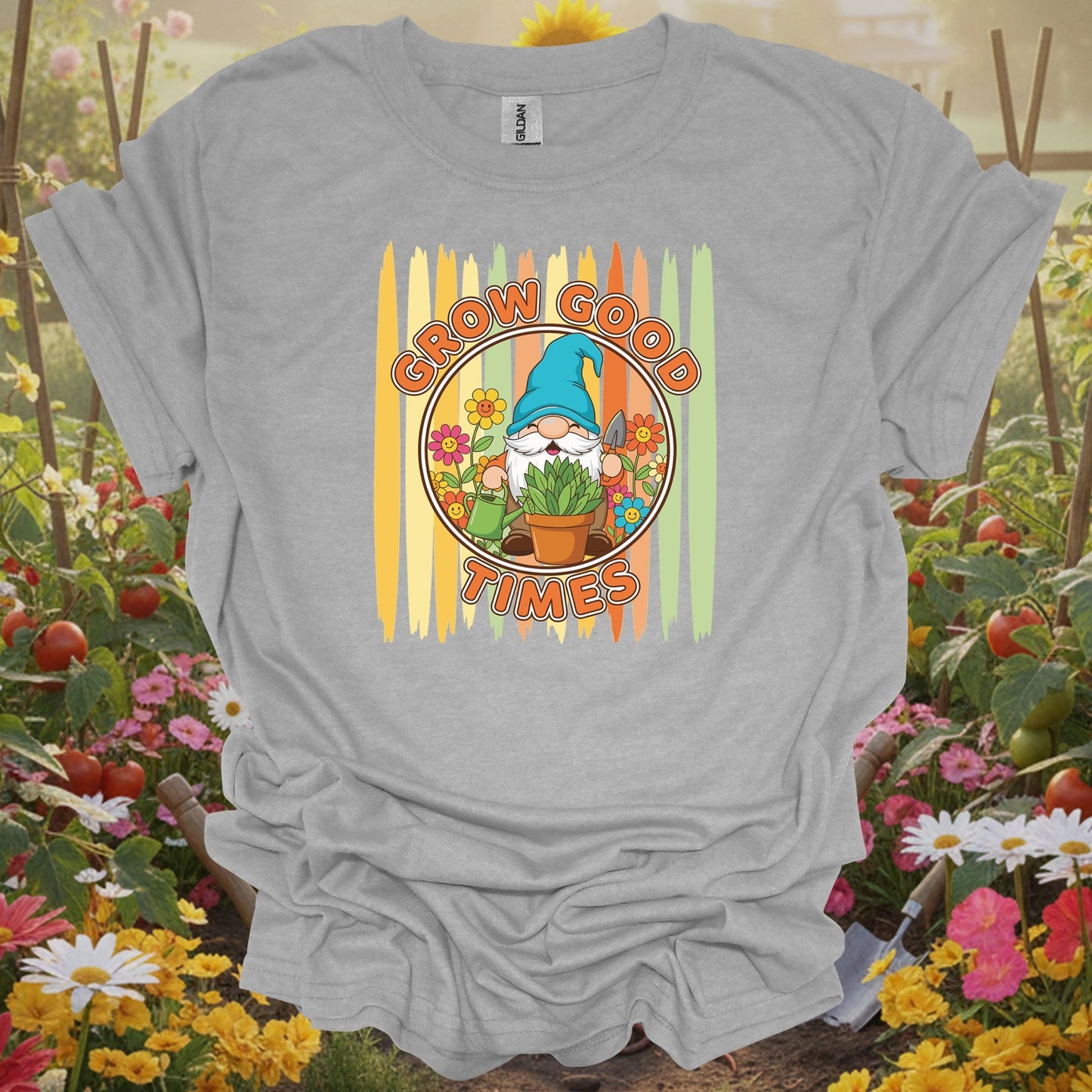 Sport Grey tshirt showing grow good times cute gnome gardener for backyard growers
