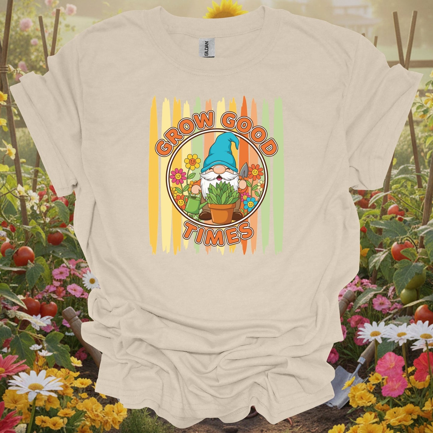 Natural tshirt showing grow good times cute gnome gardener for people who love plants