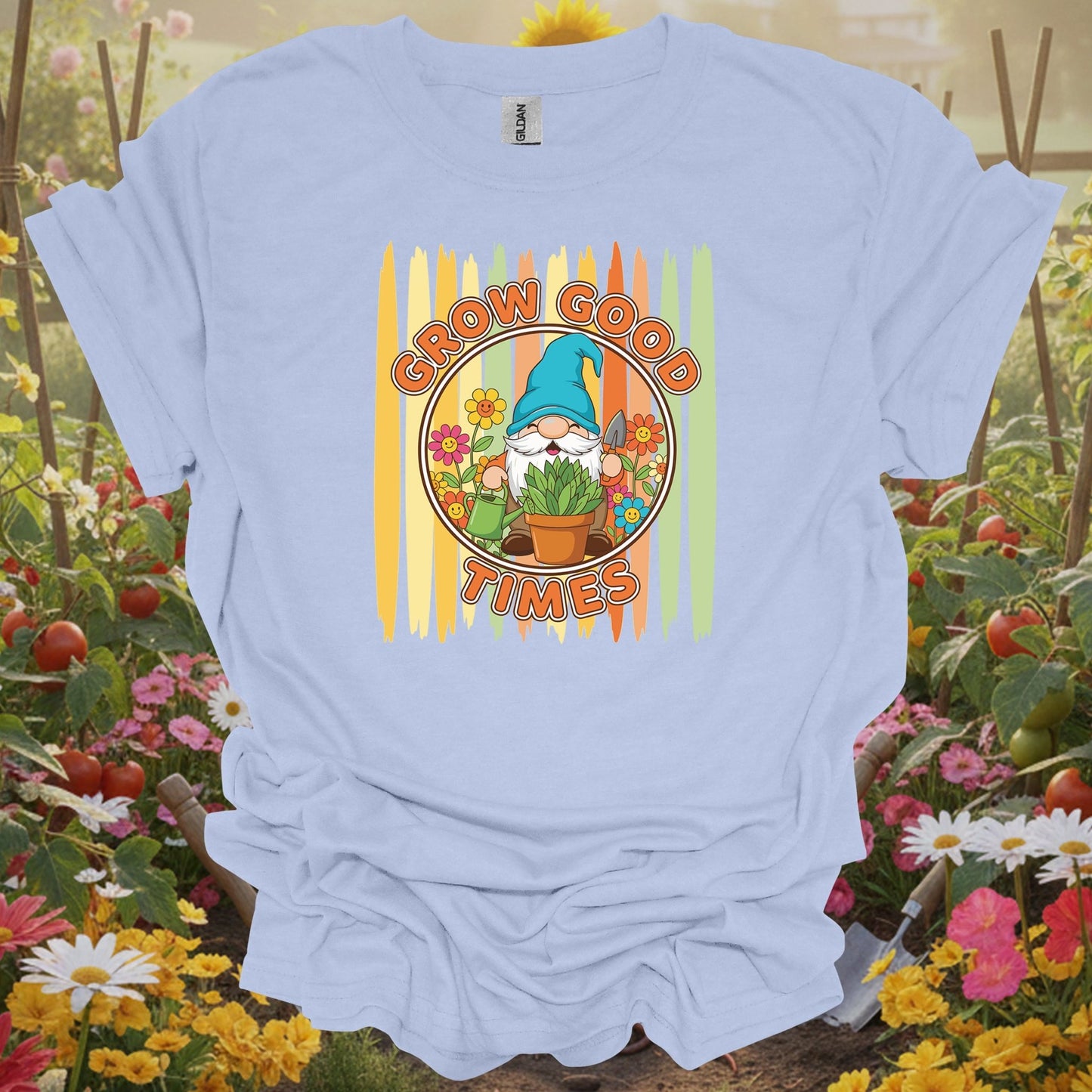 Light Blue shirt showing grow good times cute gnome gardener for home gardeners