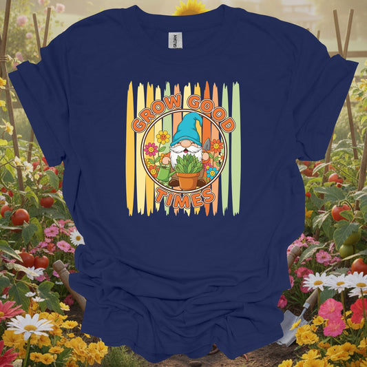 Navy tshirt showing grow good times cute gnome gardener for gardening enthusiasts