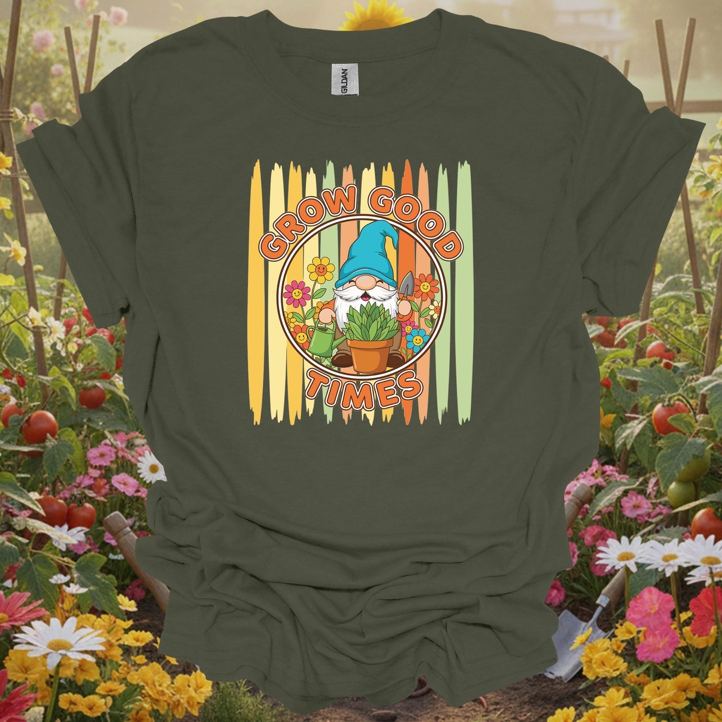 Military Green top showing grow good times cute gnome gardener for nature lovers