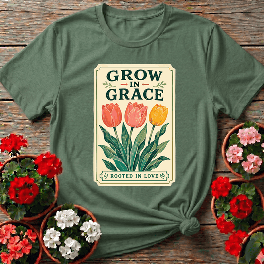 Military Green vintage floral gardening tee with "Grow in Grace Rooted in Love" for the rooted and patient plant lover