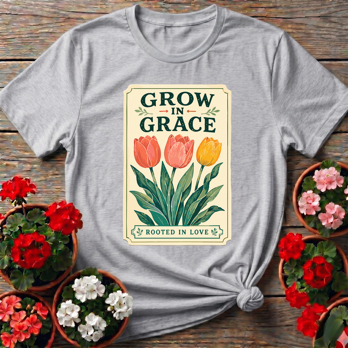Grow in Grace Rooted in Love Tulip Gardening Tee - GardeningTshirts