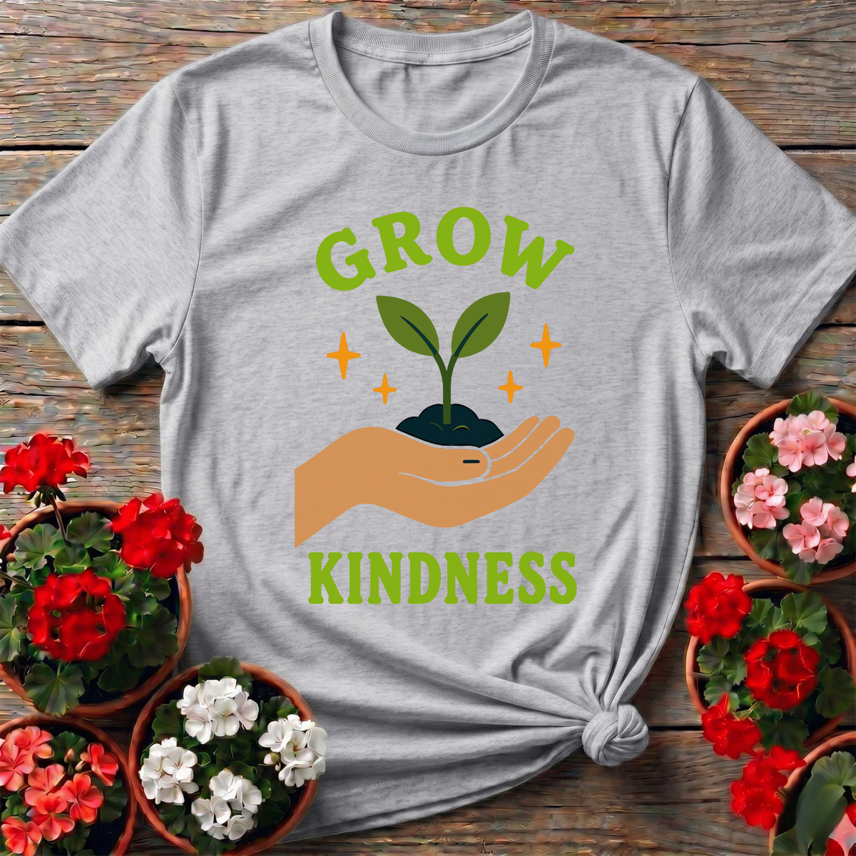 Grow Kindness Gardening Tee with Seedling Plant Graphic - GardeningTshirts