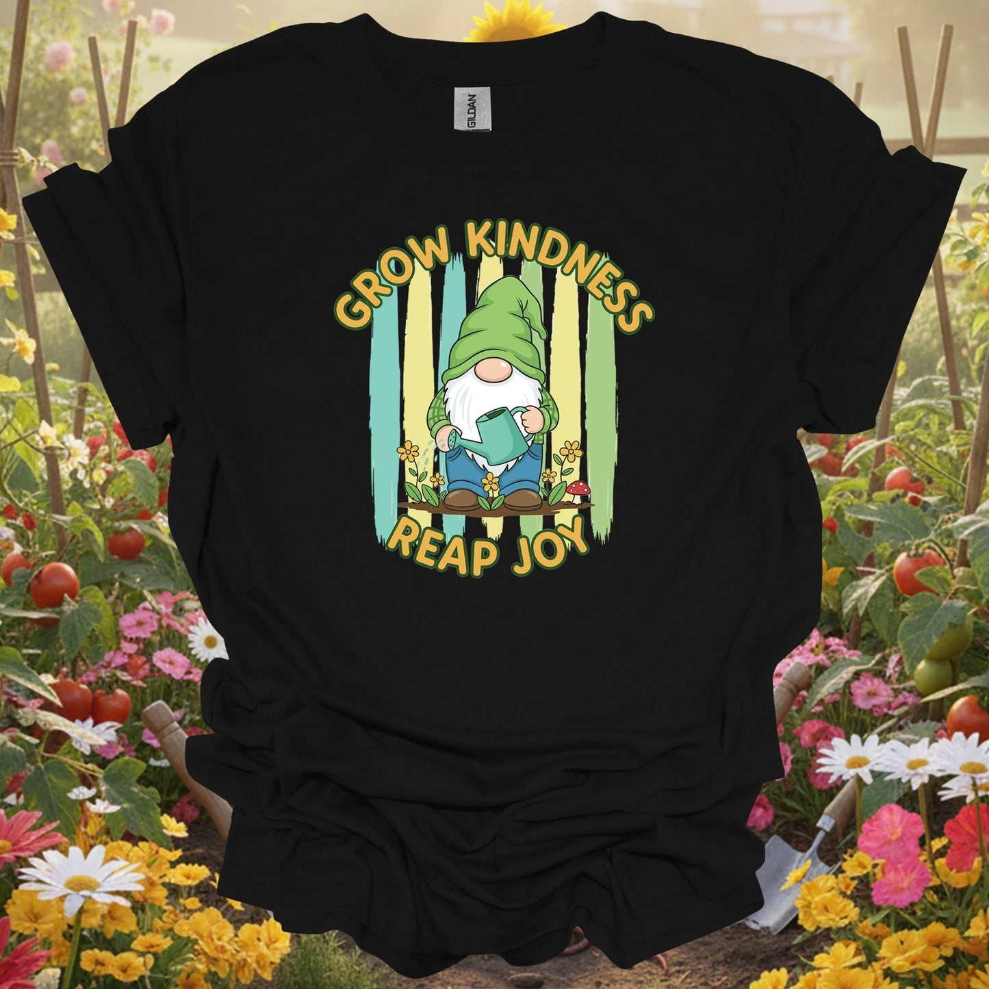 Black shirt showing grow kindness reap joy cute gnome gardener for outdoor enthusiasts