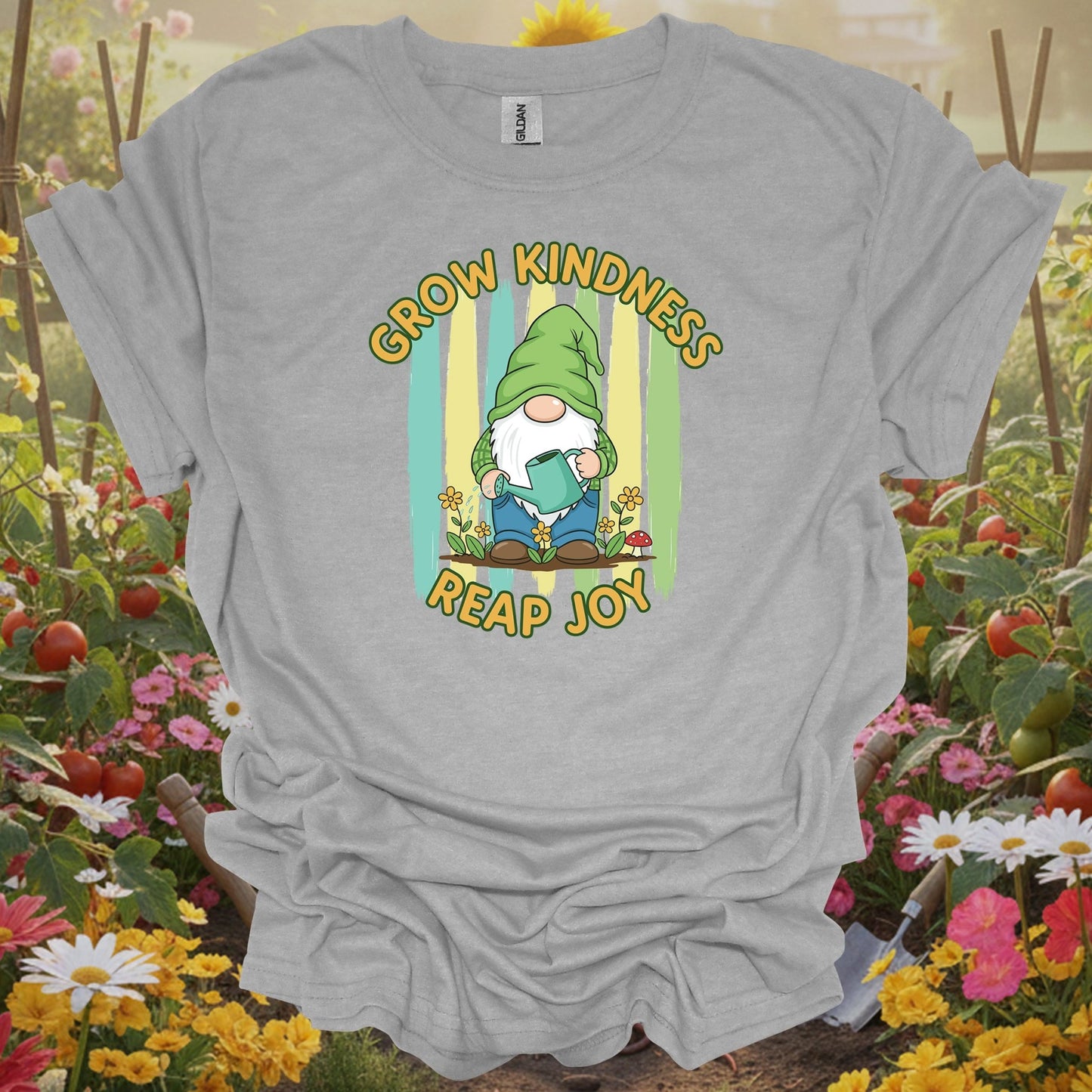 Sport Grey tshirt showing grow kindness reap joy cute gnome gardener for backyard growers