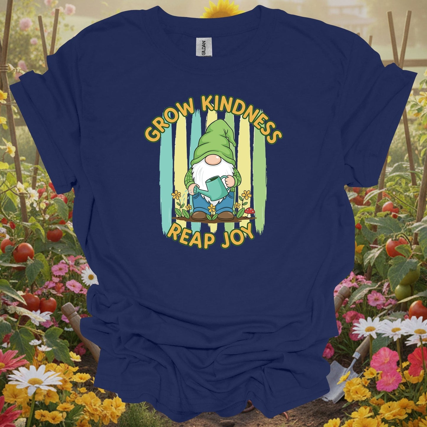 Navy shirt showing grow kindness reap joy cute gnome gardener for home gardeners