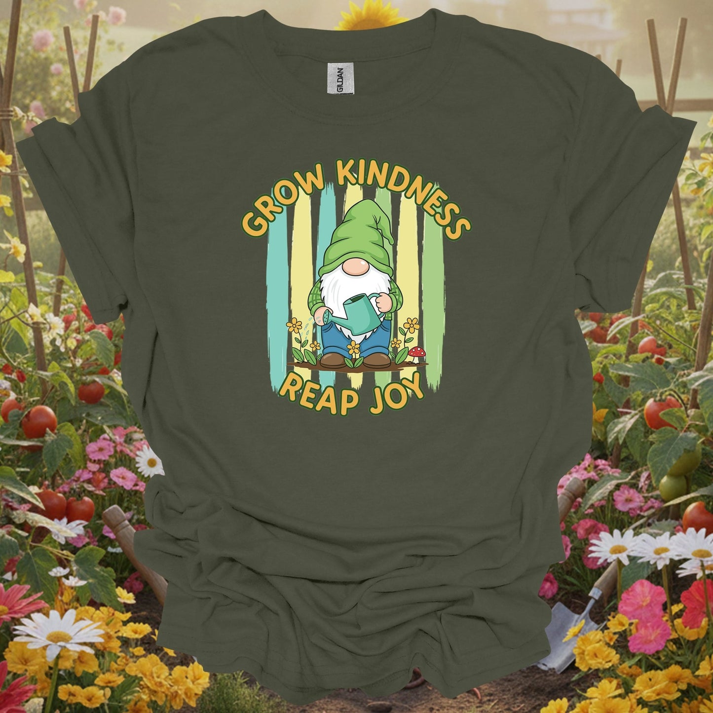Military Green top showing grow kindness reap joy cute gnome gardener for nature lovers