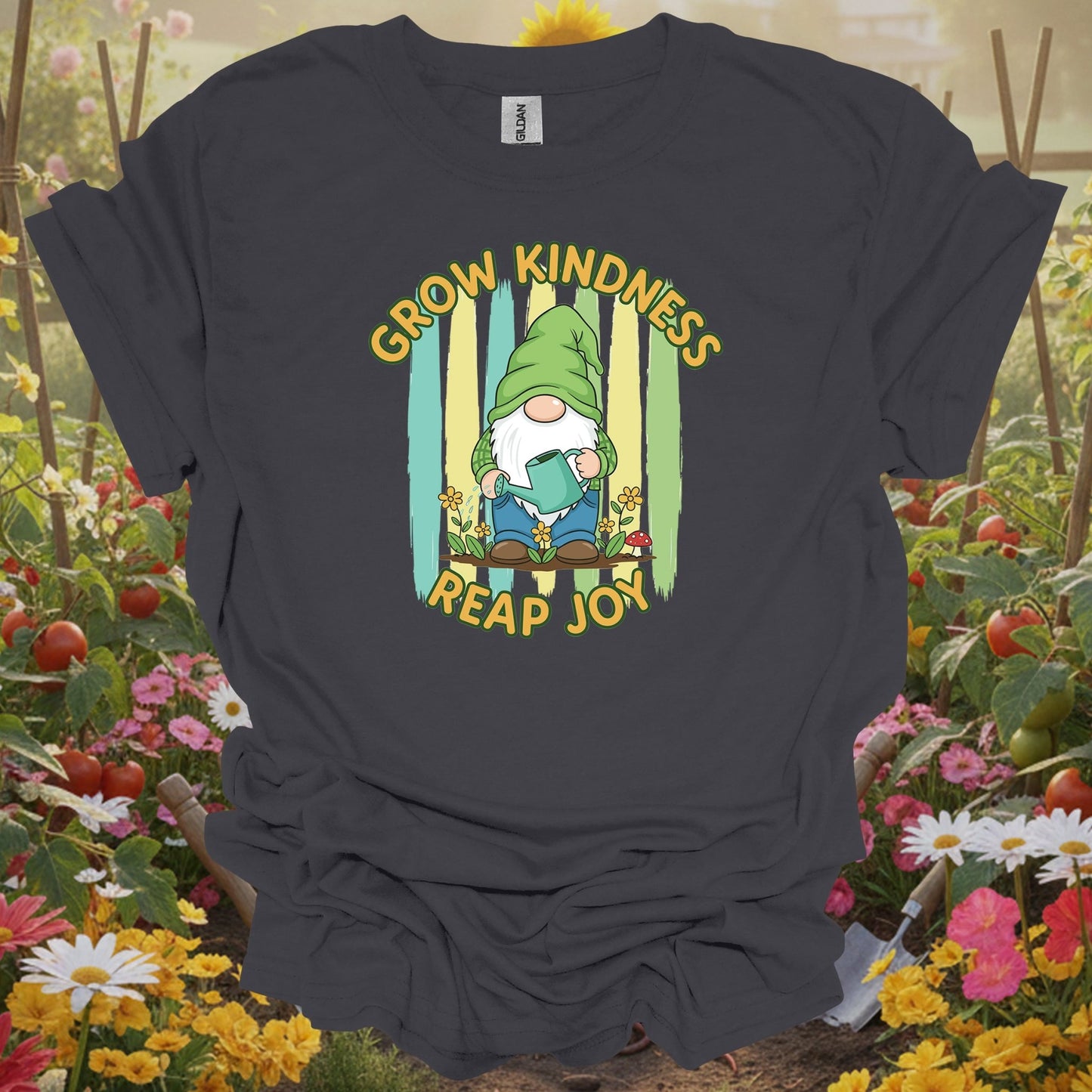 Charcoal tee showing grow kindness reap joy cute gnome gardener for plant lovers
