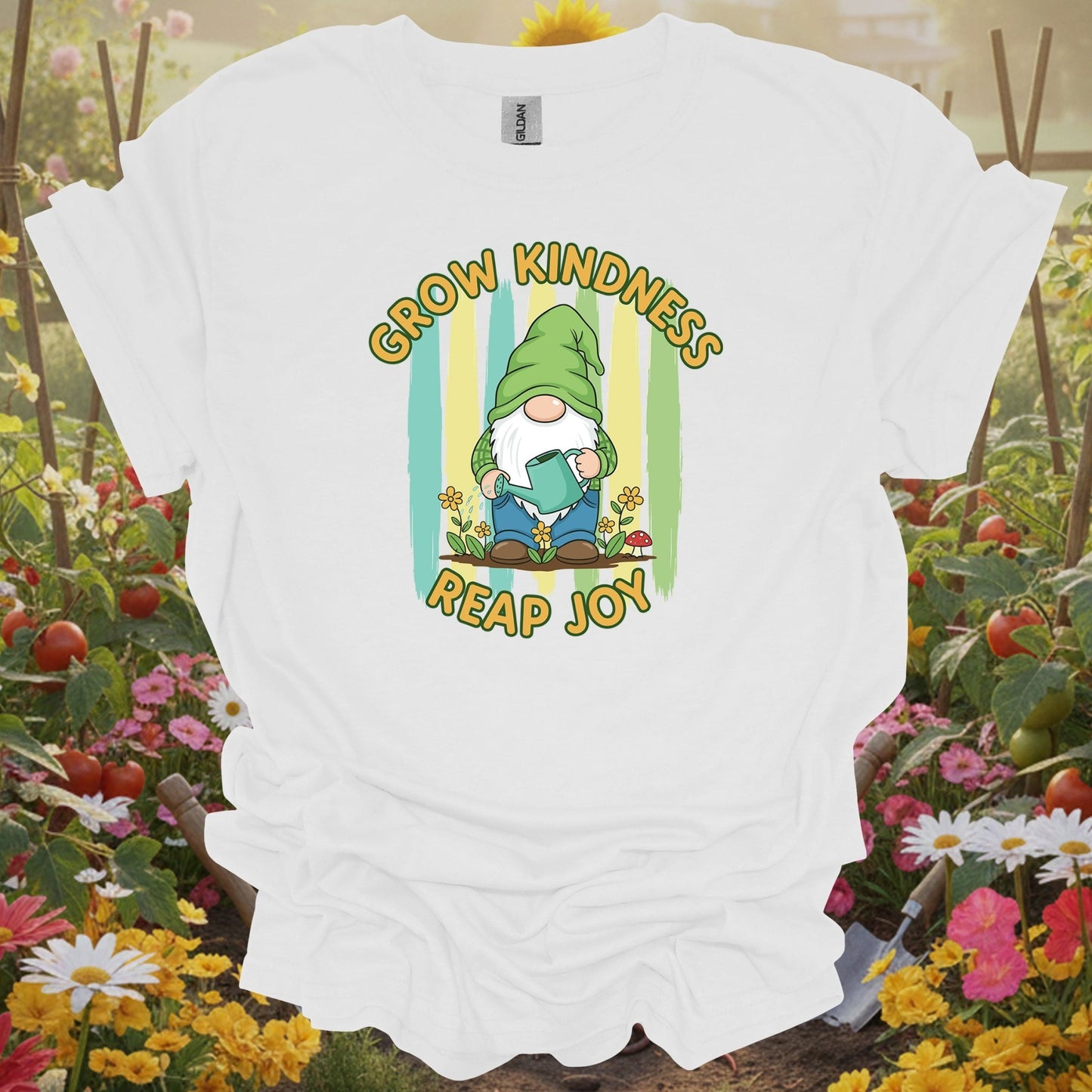 White tee showing grow kindness reap joy cute gnome gardener for garden hobbyists