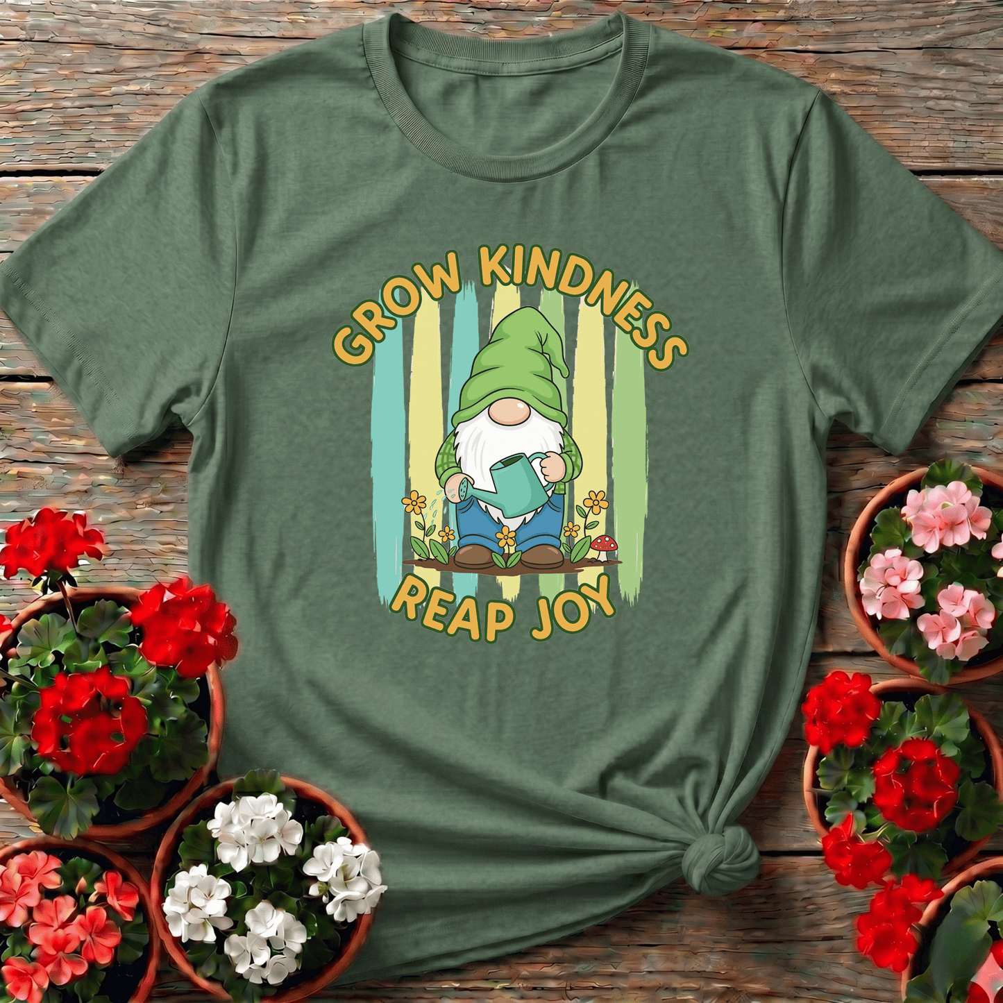 Grow Kindness Reap Joy Cute Gnome Gardener Tee - GardeningTshirts