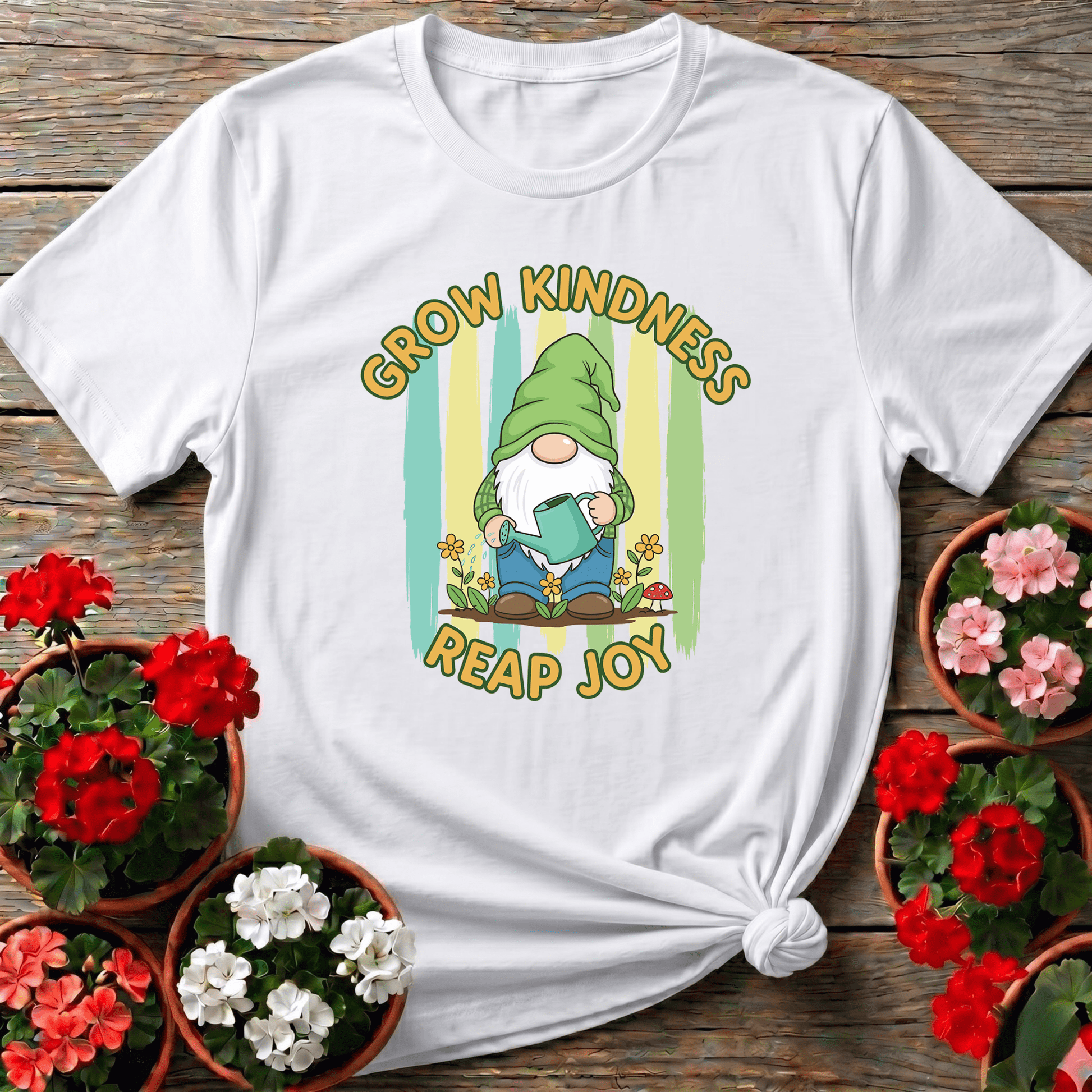 Grow Kindness Reap Joy Cute Gnome Gardener Tee - GardeningTshirts