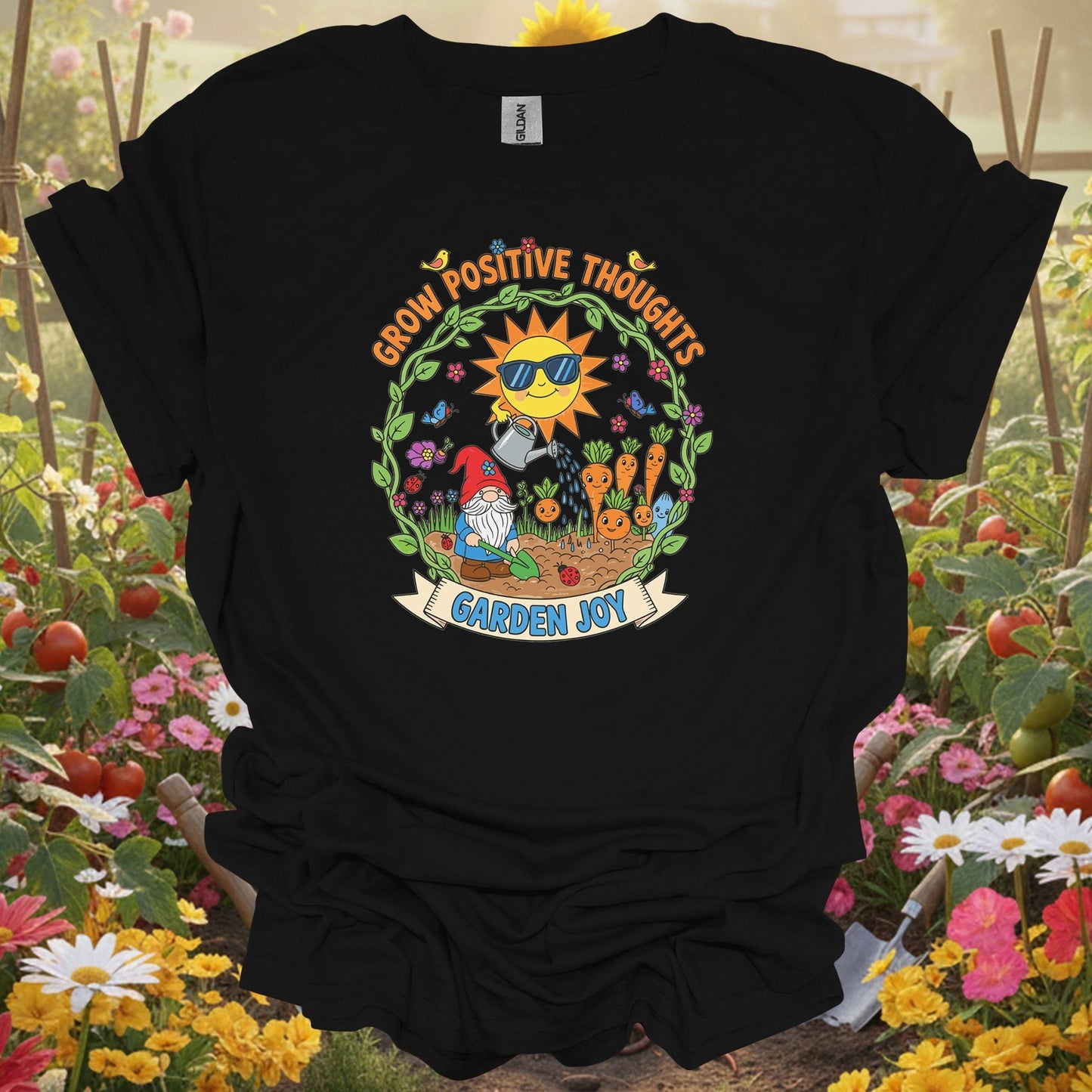 Black top showing grow positive thoughts garden joy cute gnome for nature lovers