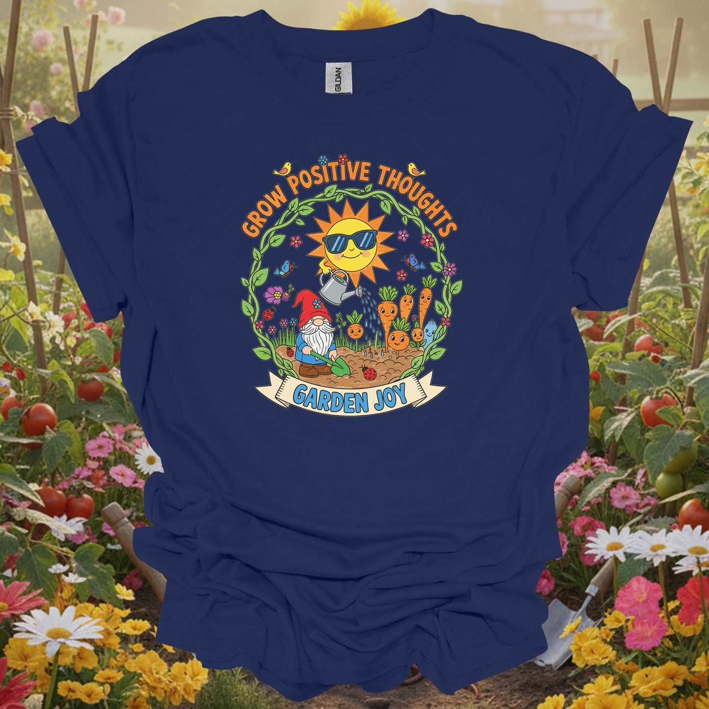 Navy top showing grow positive thoughts garden joy cute gnome for green thumb folks