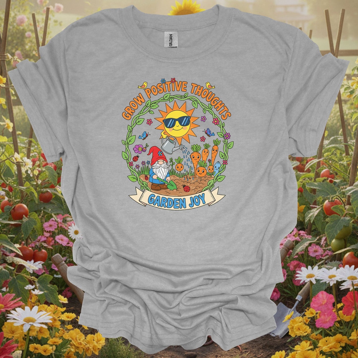 Sport Grey tee showing grow positive thoughts garden joy cute gnome for garden hobbyists