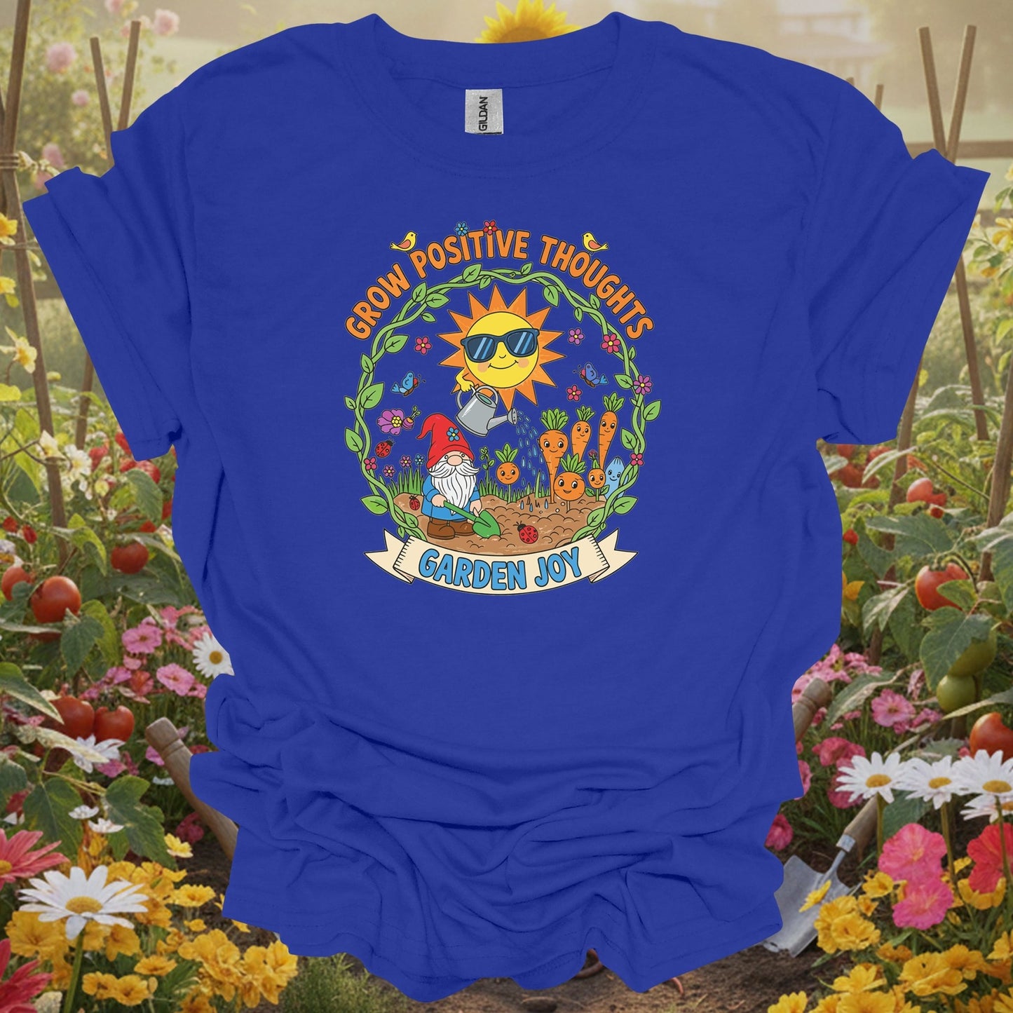 Royal tshirt showing grow positive thoughts garden joy cute gnome for backyard growers