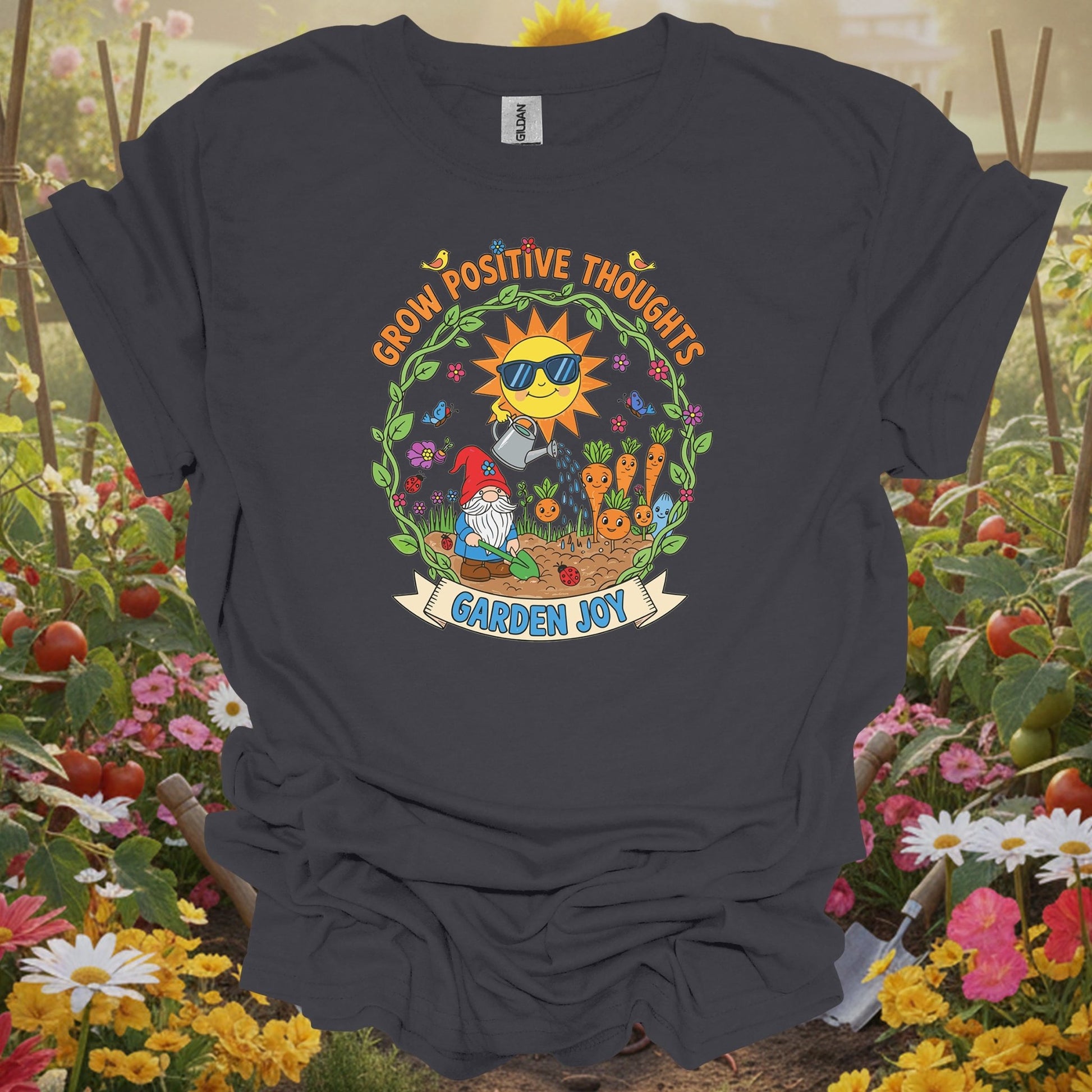 Charcoal tee showing grow positive thoughts garden joy cute gnome for plant lovers