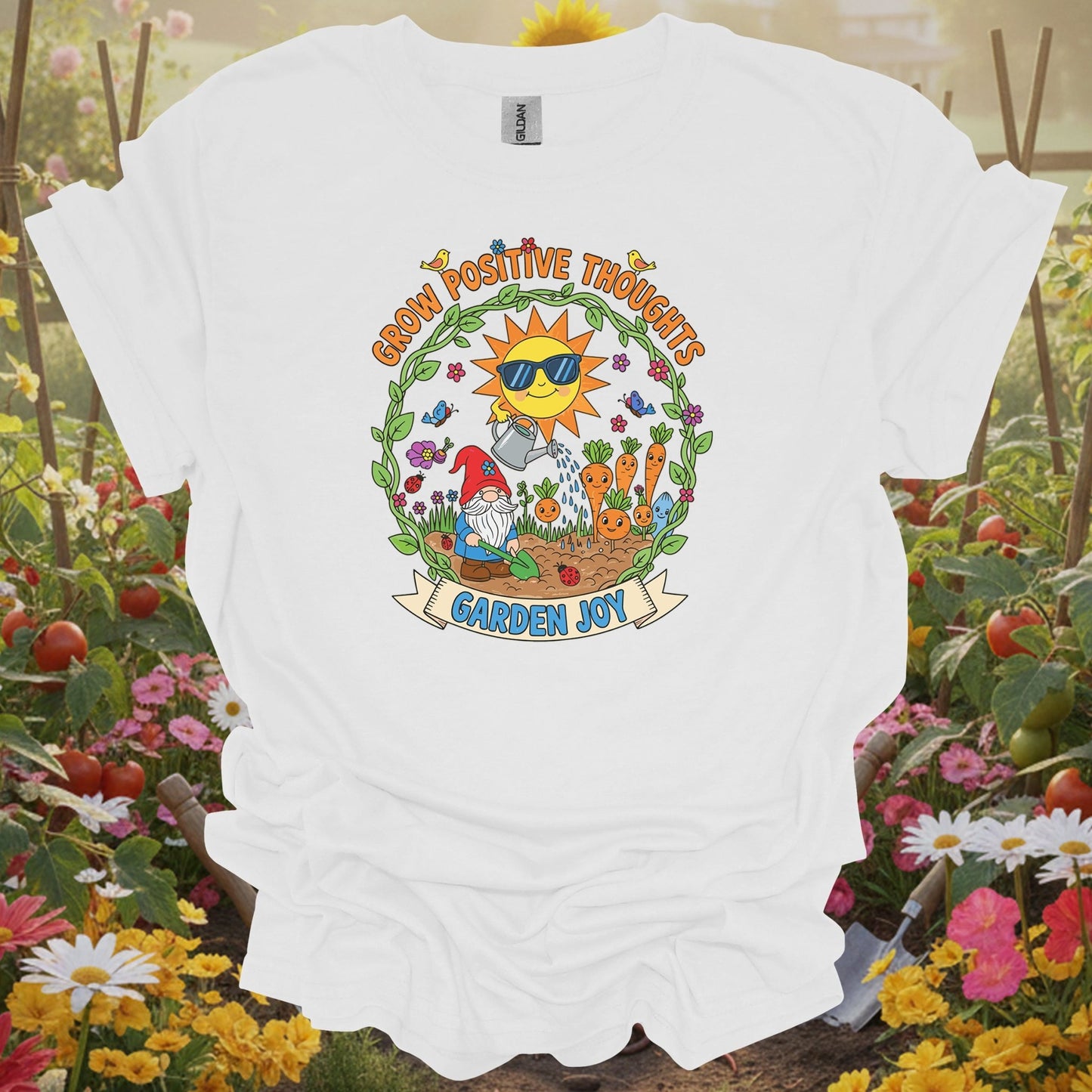White shirt showing grow positive thoughts garden joy cute gnome for outdoor enthusiasts
