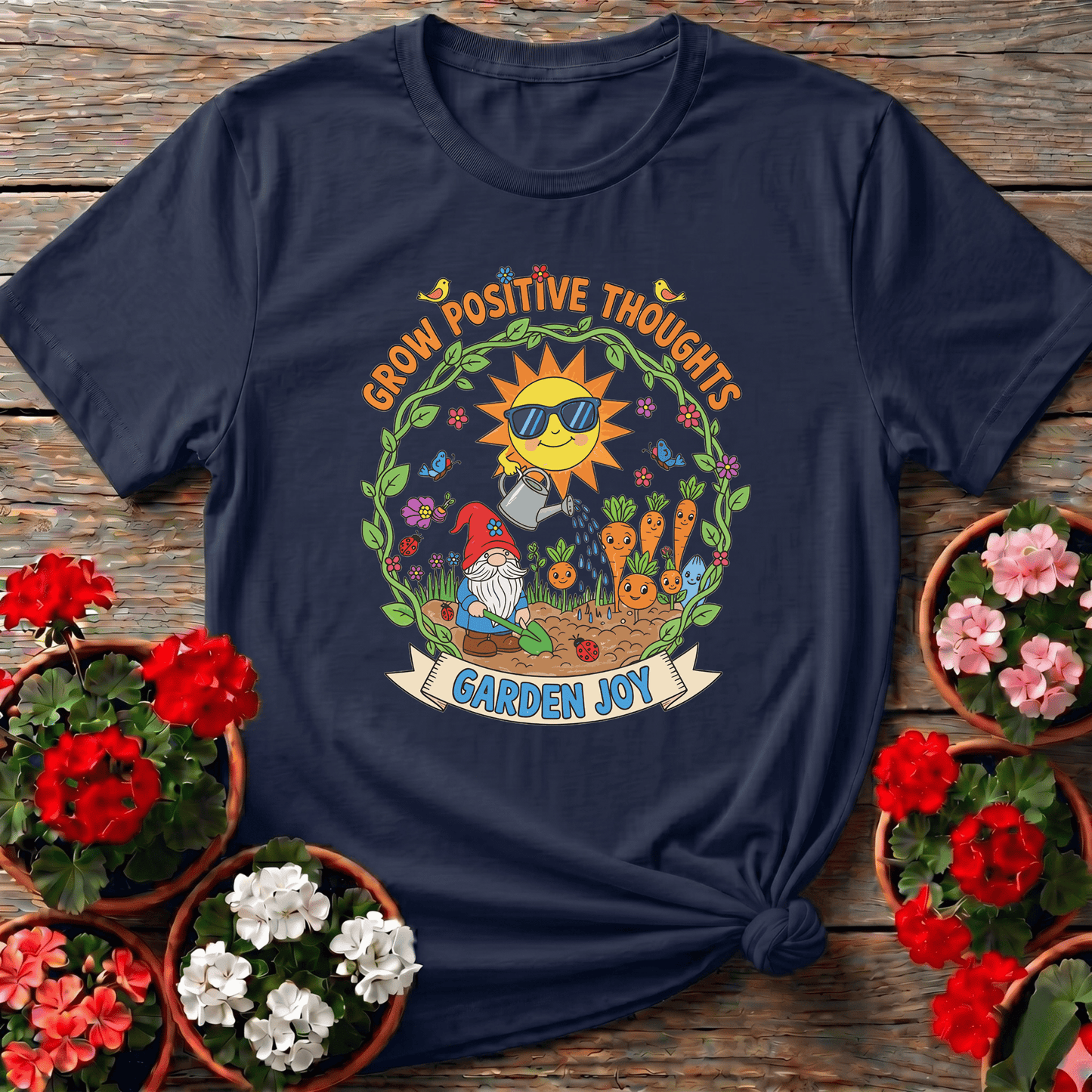 Grow Positive Thoughts Garden Joy Cute Gnome Tee - GardeningTshirts