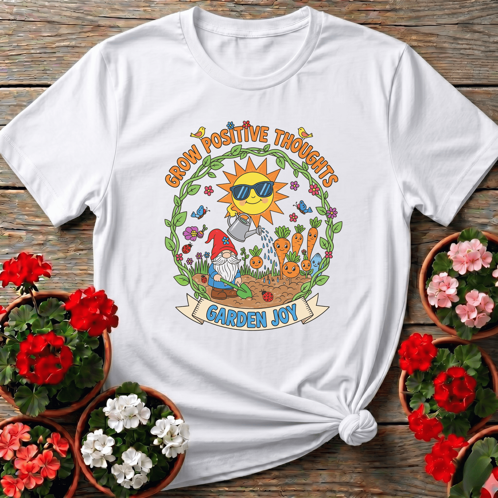Grow Positive Thoughts Garden Joy Cute Gnome Tee - GardeningTshirts