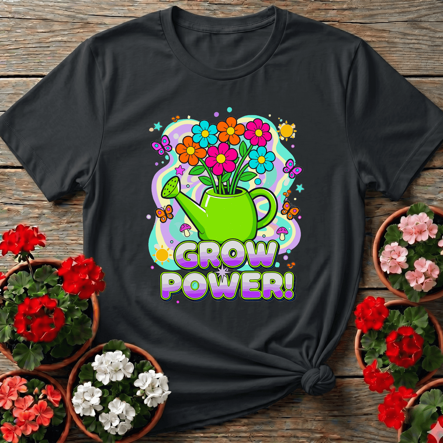 Grow Power Funky Retro 70s Flower T-shirt - GardeningTshirts