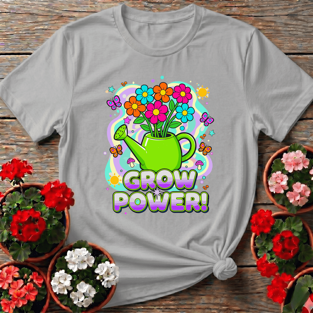 Grow Power Funky Retro 70s Flower T-shirt - GardeningTshirts