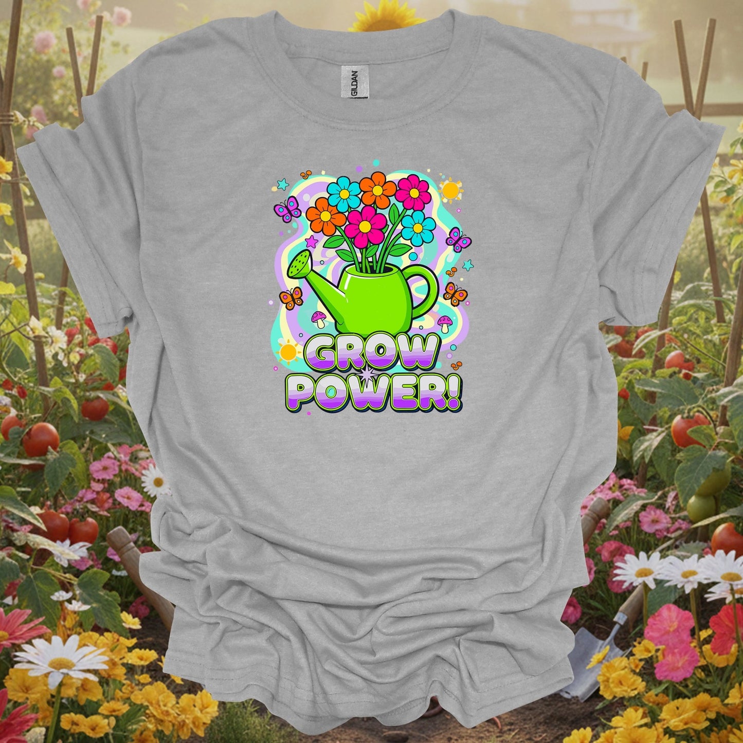Sport Grey tshirt showing grow power funky retro 70s flower for backyard growers