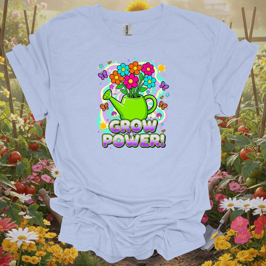 Light Blue tee showing grow power funky retro 70s flower for plant lovers