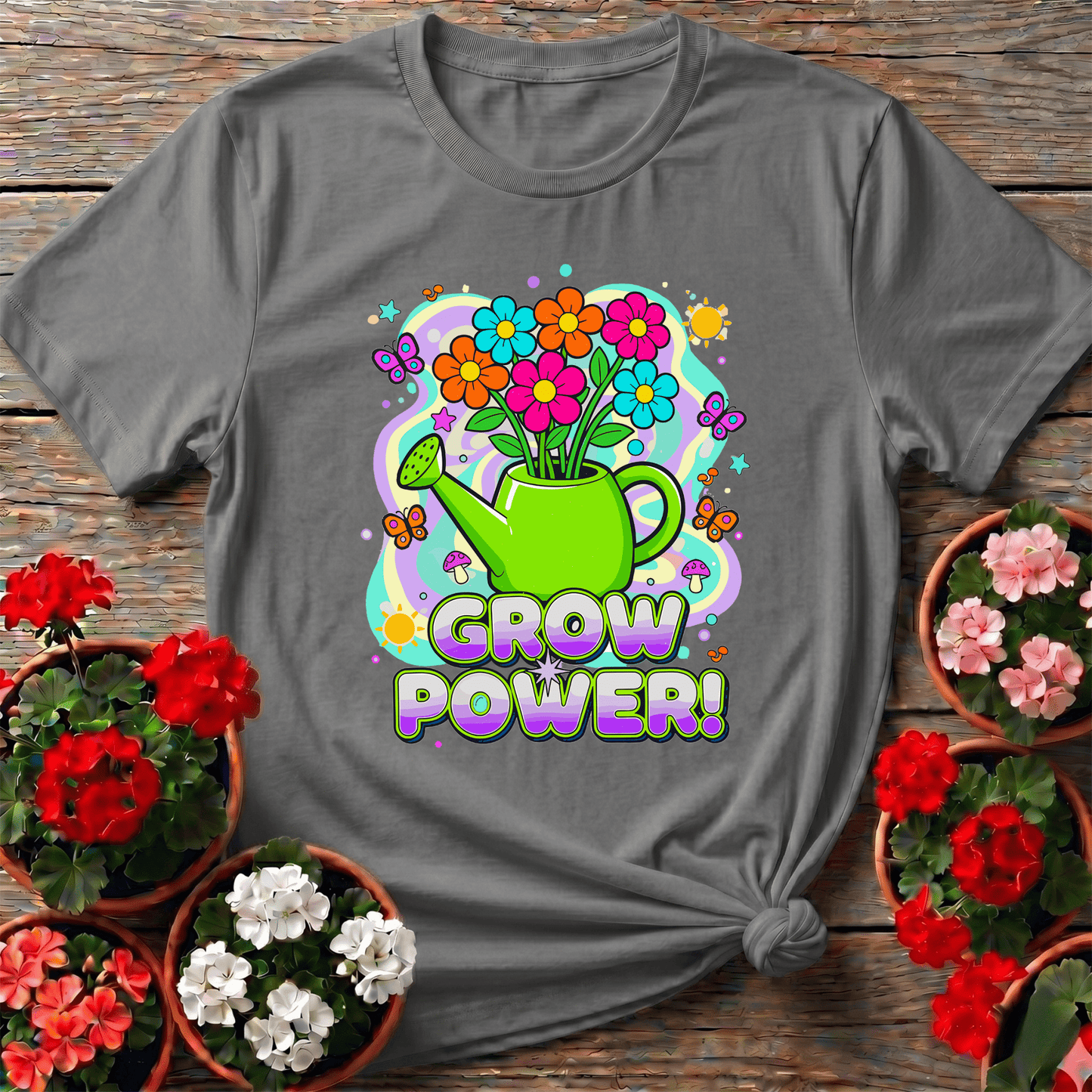 Grow Power Funky Retro 70s Flower T-shirt - GardeningTshirts