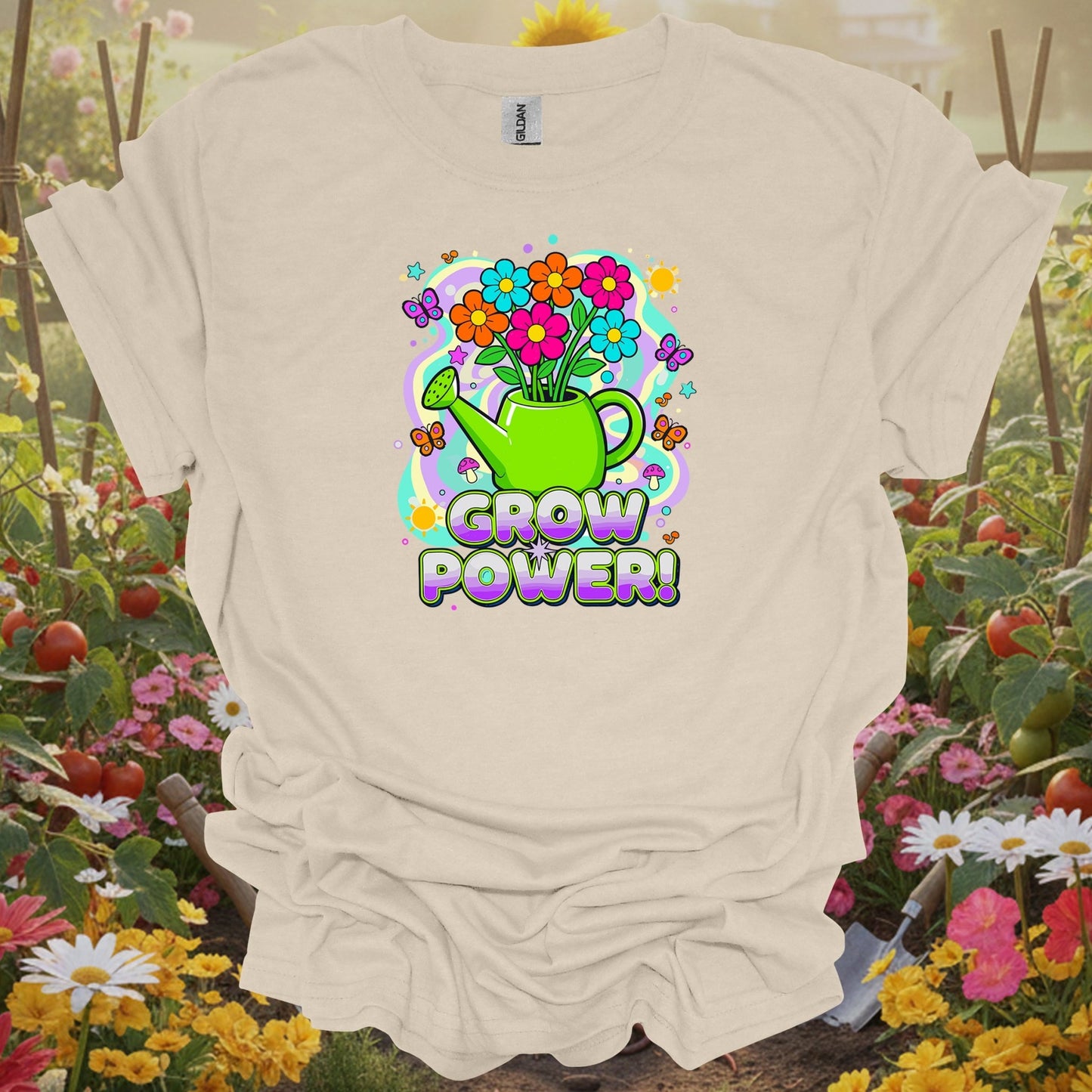 Natural tshirt showing grow power funky retro 70s flower for people who love plants
