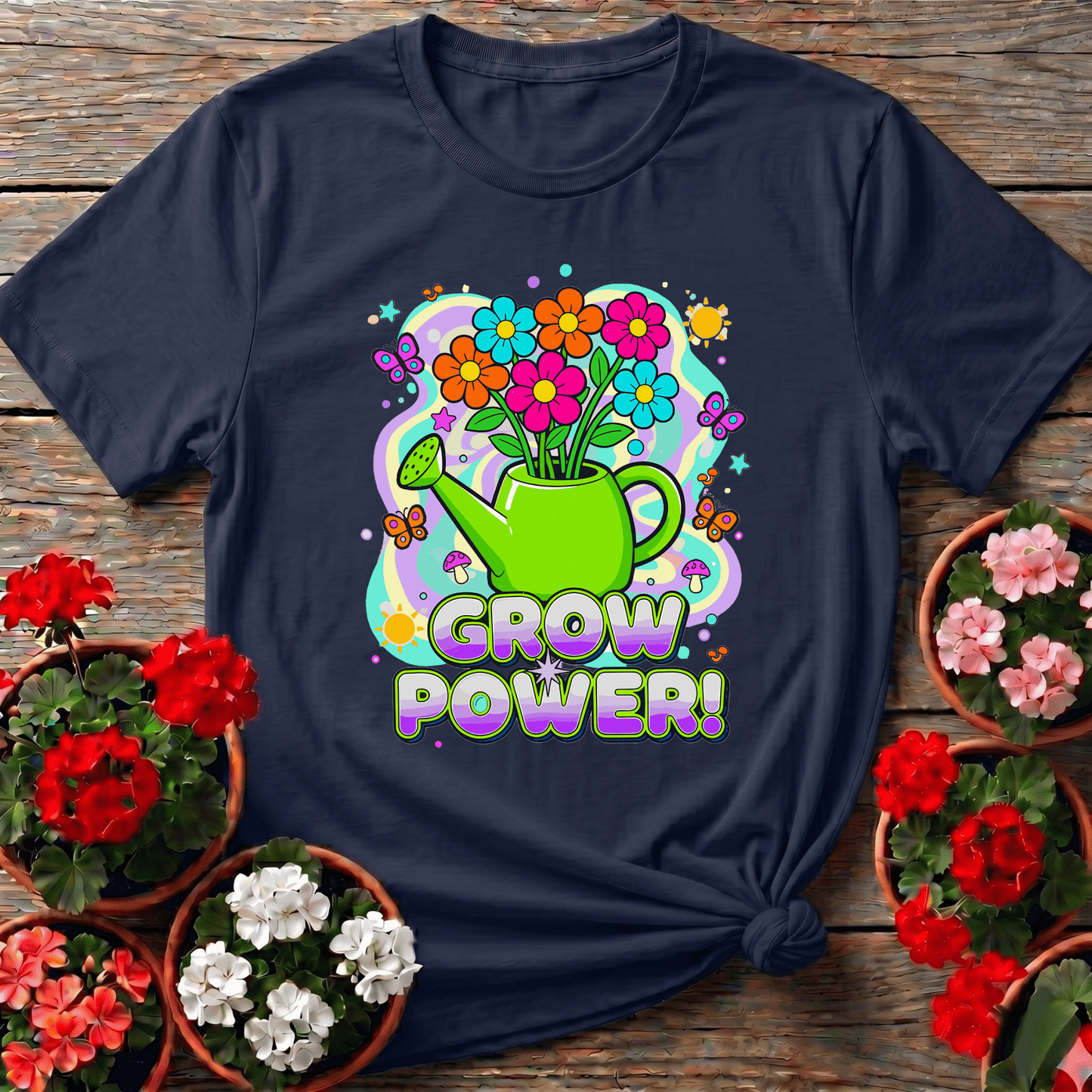 Grow Power Funky Retro 70s Flower T-shirt - GardeningTshirts