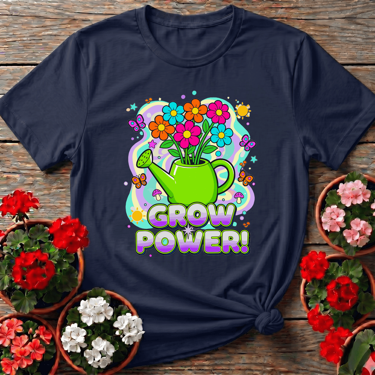 Navy bright 70s-style t-shirt with "Grow Power" quote and illustrated watering can for retro gardening fans
