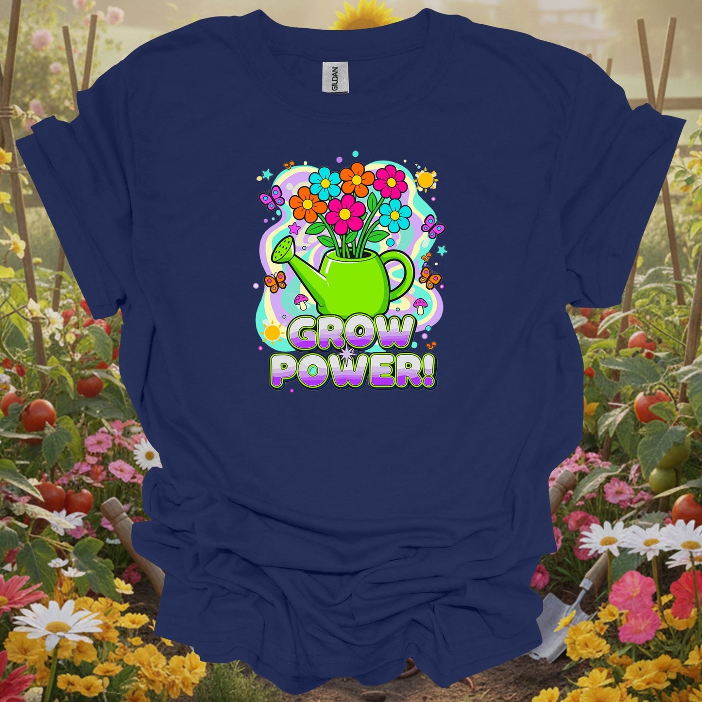 Navy shirt showing grow power funky retro 70s flower for home gardeners