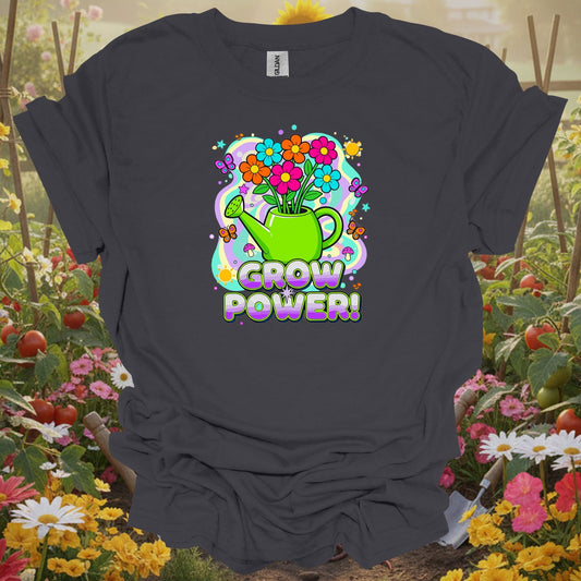 Charcoal tshirt showing grow power funky retro 70s flower for gardening enthusiasts
