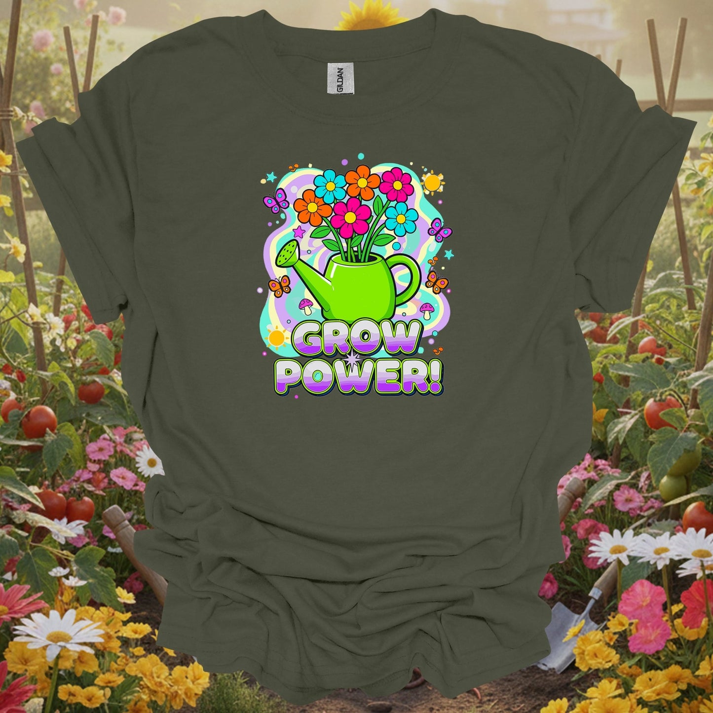 Military Green top showing grow power funky retro 70s flower for nature lovers