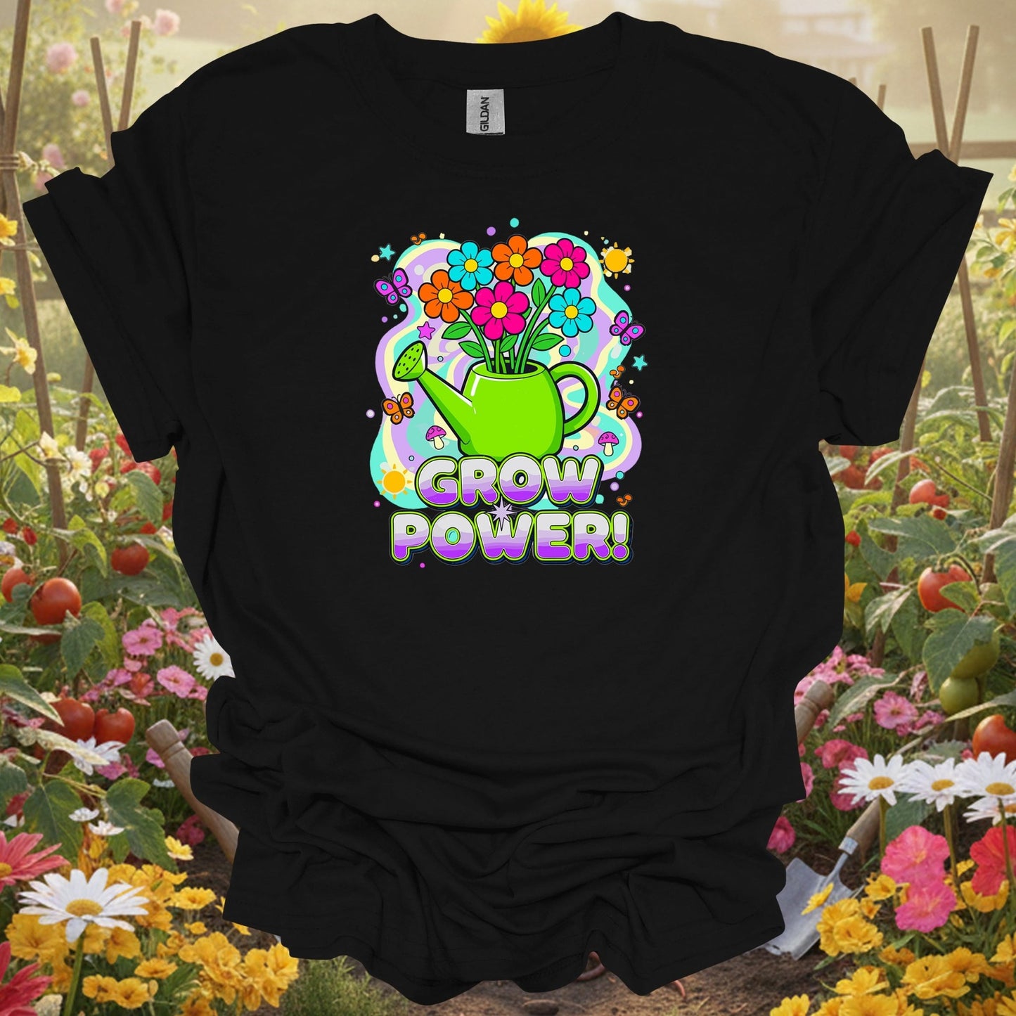 Black shirt showing grow power funky retro 70s flower for outdoor enthusiasts