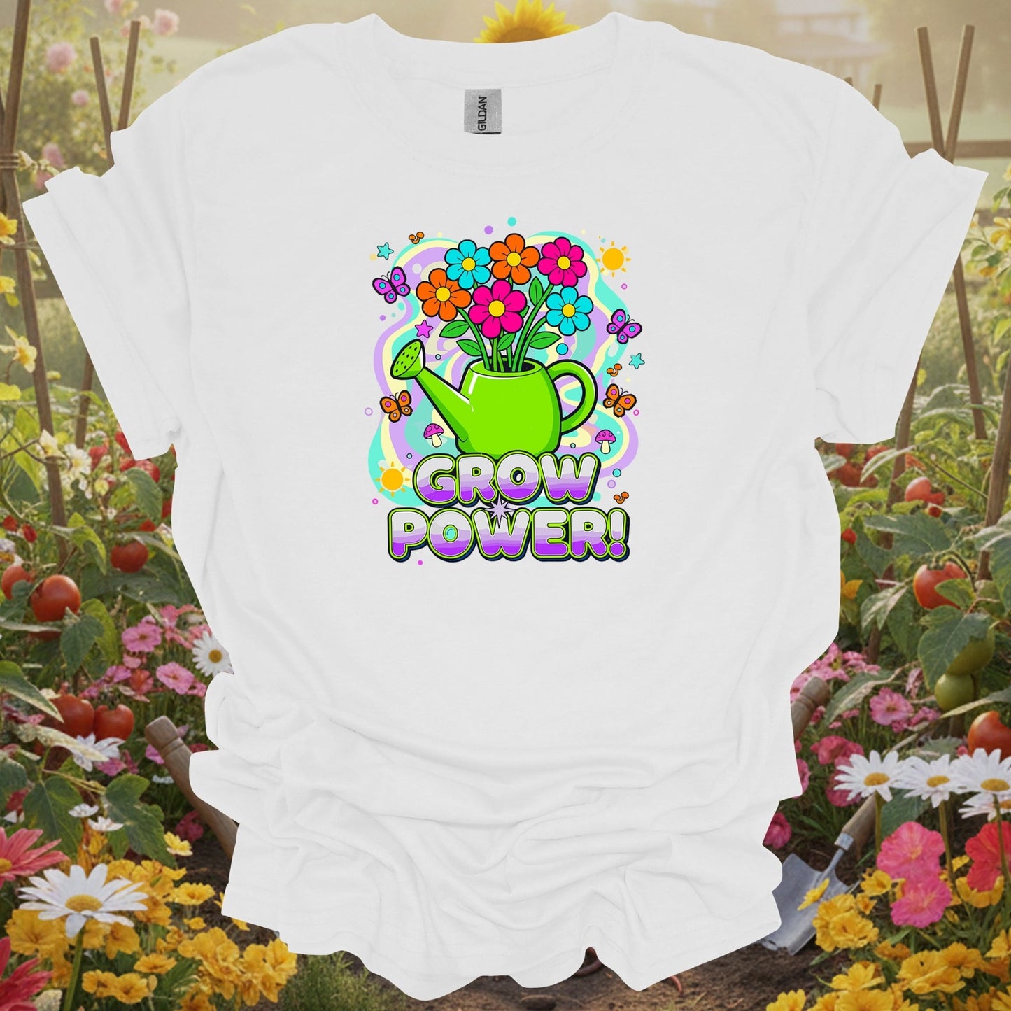 White tee showing grow power funky retro 70s flower for garden hobbyists