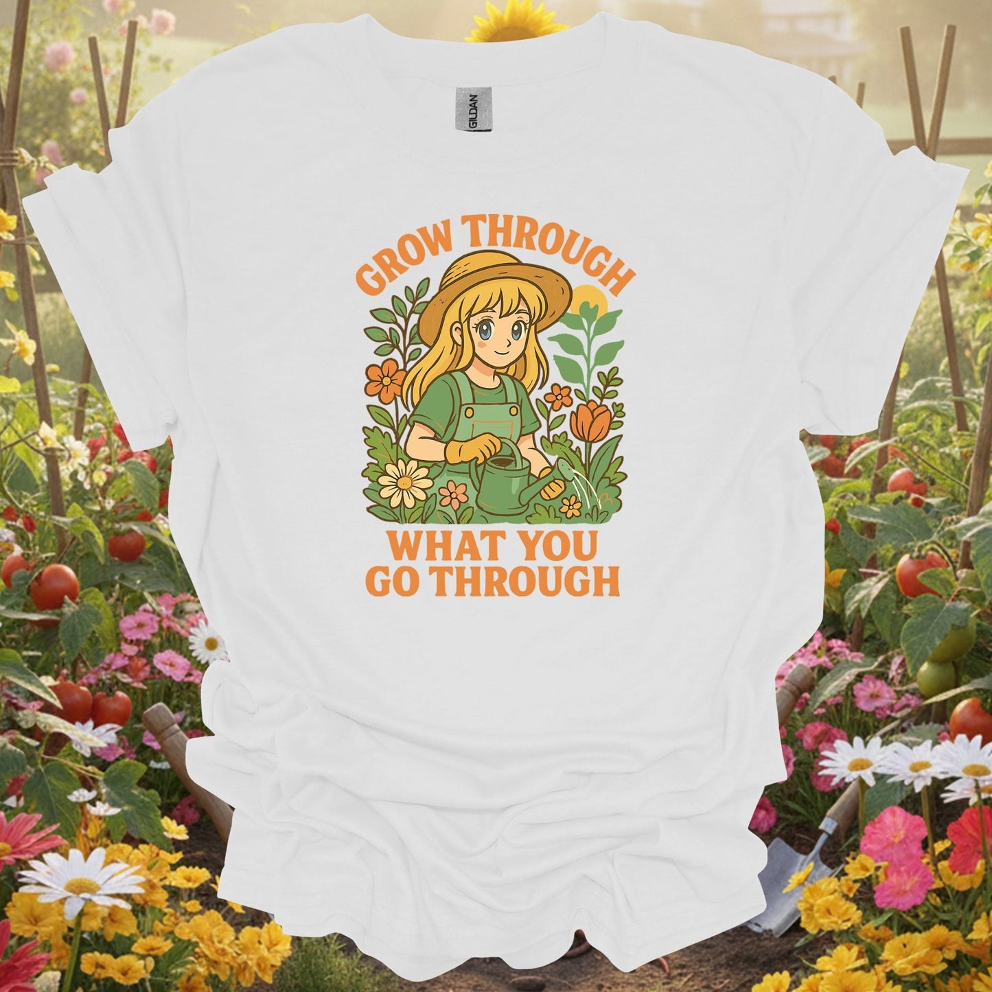 White tee showing grow through what you go through anime for garden hobbyists